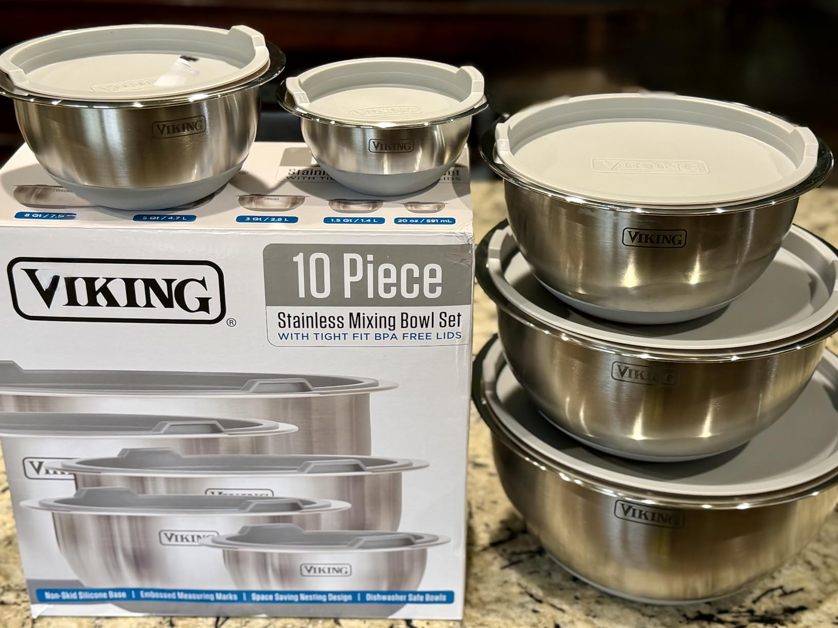 Viking Mixing Bowls Set, 10 Piece Stainless Steel Kitchen Cookware, Non-Slip Silicone Base, Includes Tight Fit Lids, Dishwasher Safe, Black customer photo 2