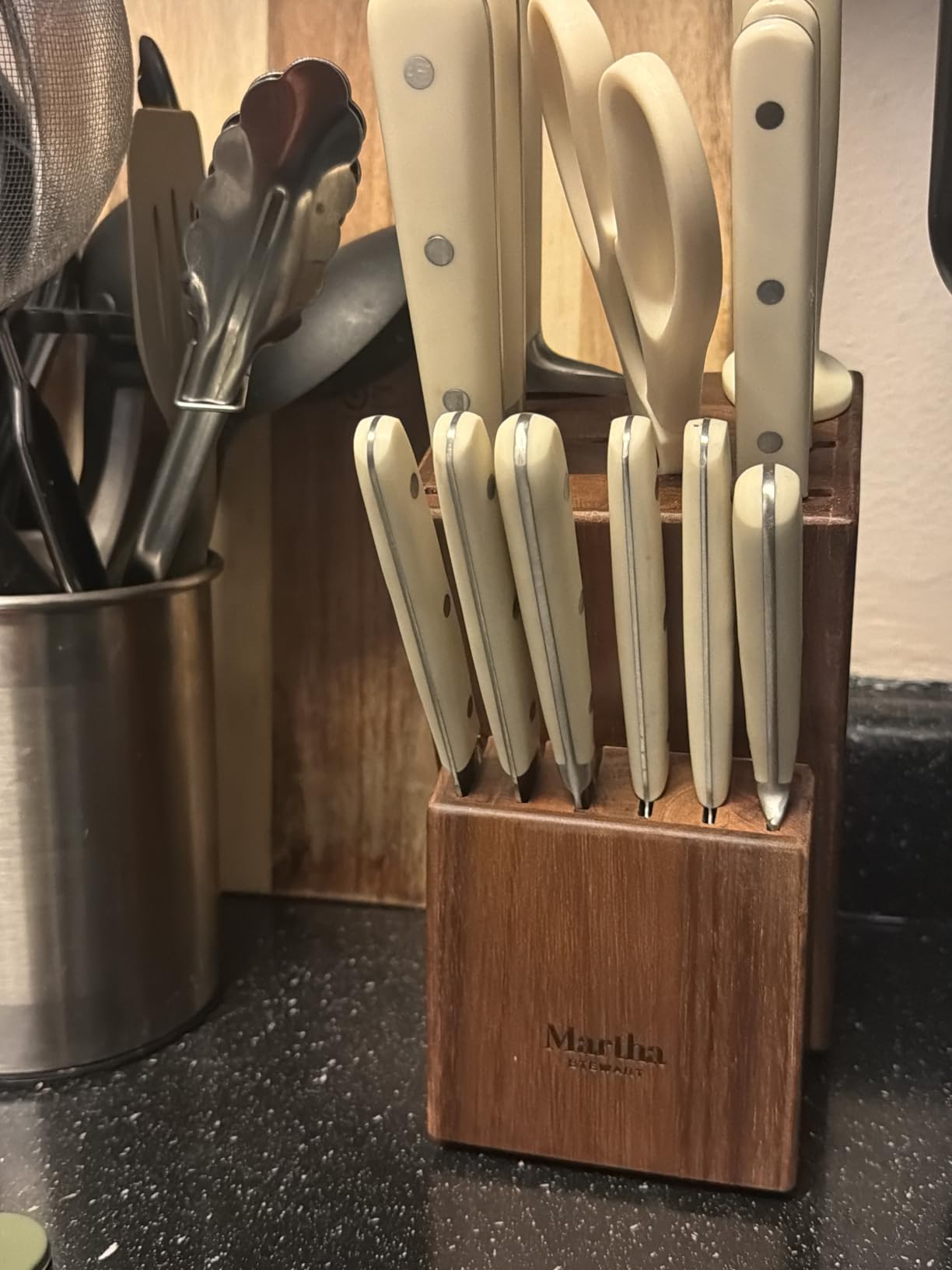 MARTHA STEWART Eastwalk 14 Piece High Carbon Stainless Steel Cutlery Kitchen Knife Block Set w/ABS Triple Riveted Forged Handle Acacia Wood Block - Linen White customer photo 1