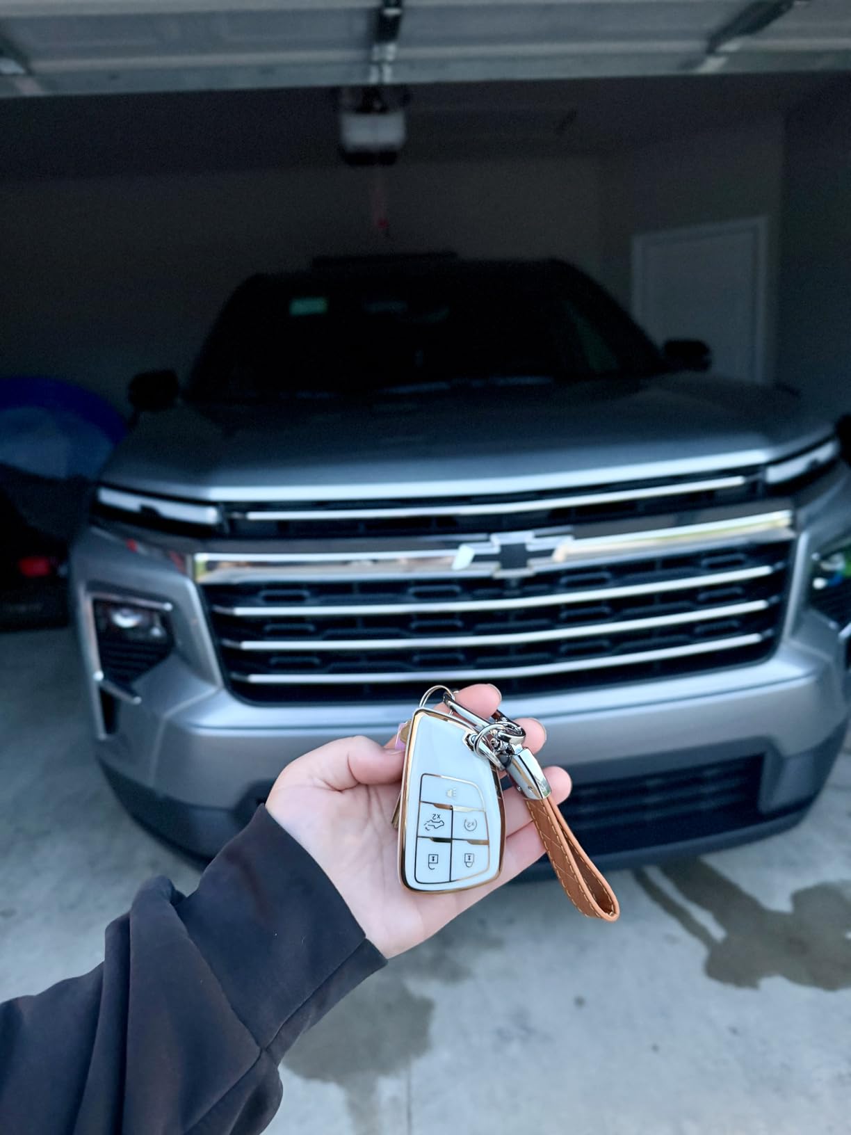 Key Fob Cover for Chevy GMC with Keychain, Silverado Sierra Tahoe Suburban Equinox Traverse Yukon Denali Terrain Buick Envision Premium Soft TPU Case (5 Buttons Ivory) customer photo 2