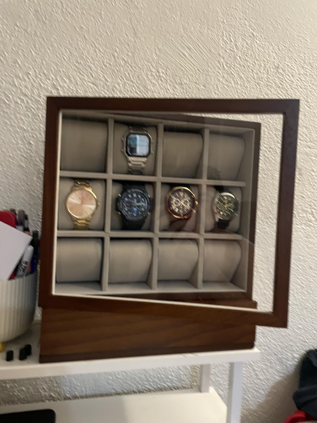 SONGMICS 12-Slot Watch Box, Watch Display Case with Window, Solid Wood Veneer, Velvet Lining, Vertical Storage, Space Saving, Gift Idea, Ebony Black UJOW014B01 customer photo 1