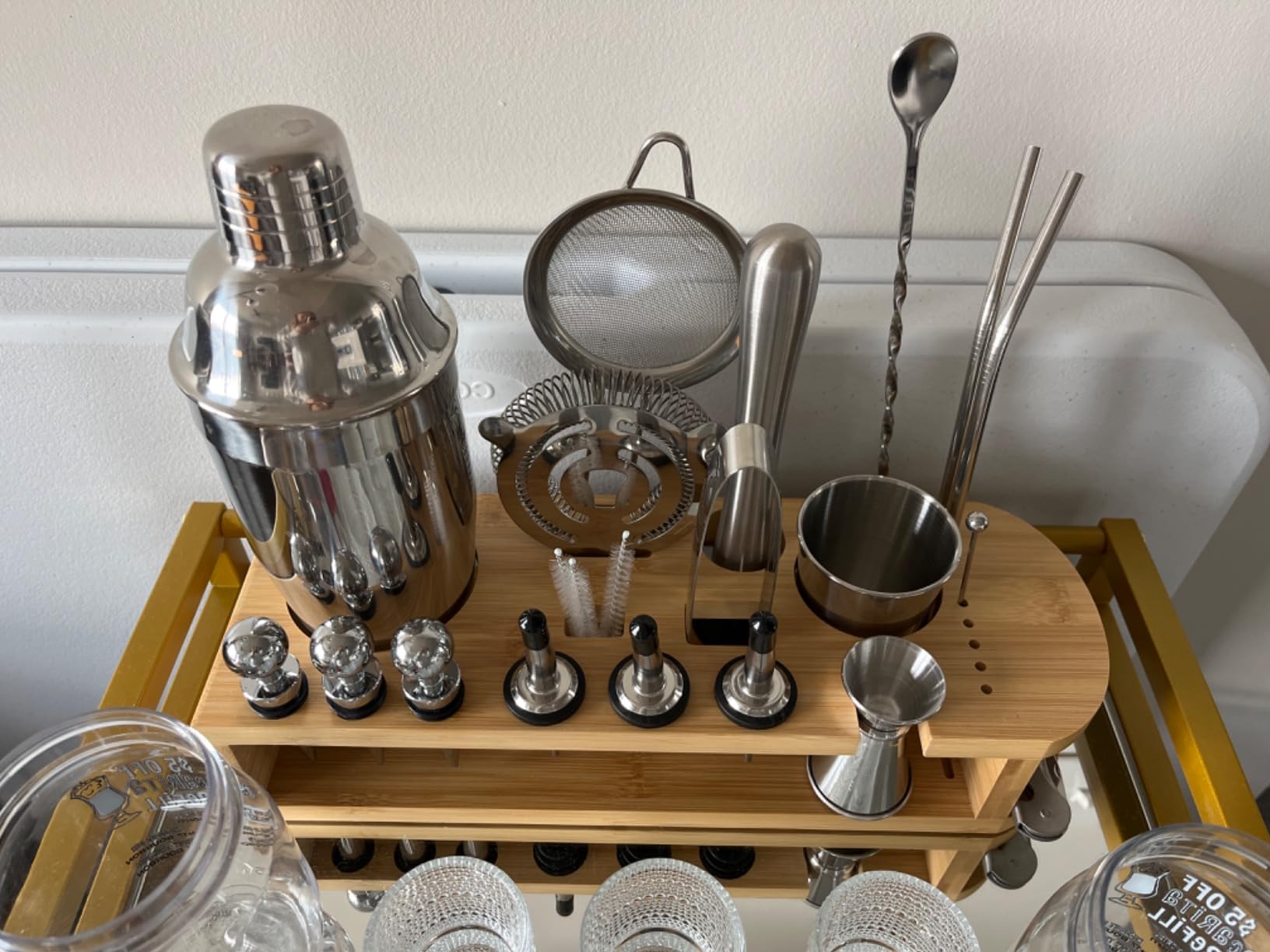 Semderm Cocktail Shaker Set, Weighted Boston Shaker Set with Bamboo Stand, 18/8 Stainless Steel Mixology Bartender Kit with Jigger, Fine Mesh & Hawthorne Strainers, Muddler, Spoon, Ice Tongs customer photo 1