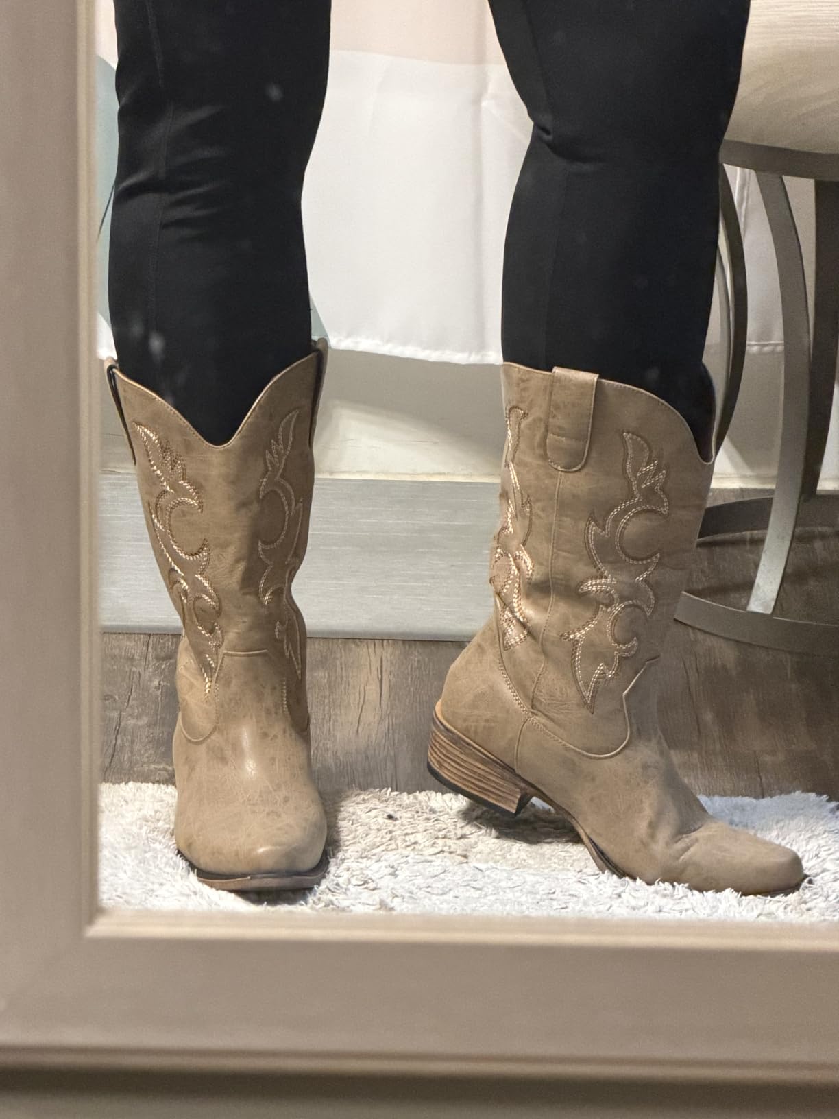 Choiran Cowboy Boots for Women - Mid Calf Cowgirl Boots Western Chunky Heel Pointed Toe Boot with Retro Embroidery, Country Concert Outfit Essentials for Rodeo Festival customer photo 1