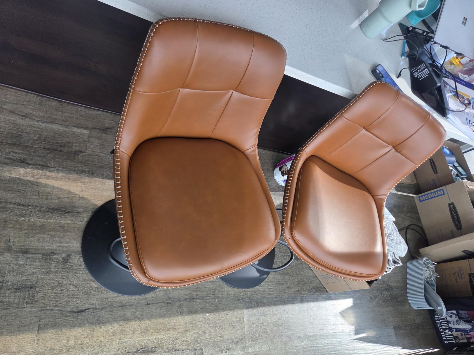 VASAGLE Bar Stools, Set of 2 Swivel Bar Chairs, Adjustable Height, Quilt, Synthetic Leather Kitchen Stools with Back and Footrest, Dining Room, Counter, Steel, Caramel Brown ULJB095K01 customer photo 1