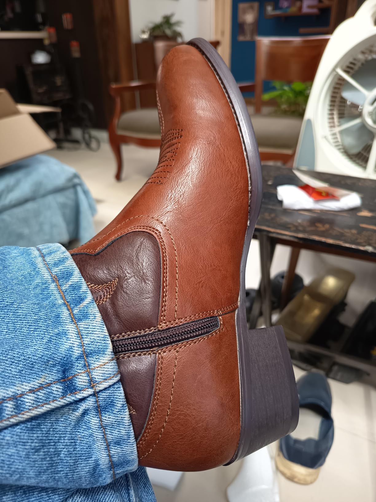 Jousen Cowboy Boots For Men Round Toe Western Slip Resistant Pull on Boot Retro Short Botas customer photo 1
