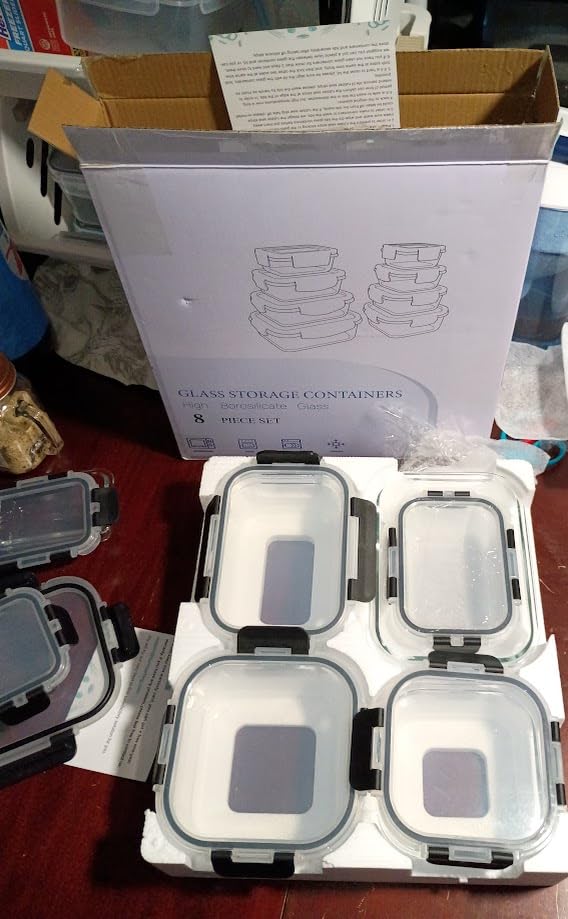 8 Pack Borosilicate Glass Food Storage Containers with Lids, Glass Meal Prep Containers, Airtight Bento Lunch Boxes with Snap Locks, Oven, Freezer and Dishwasher Safe, BPA Free, Kitchen Storage Set customer photo 2
