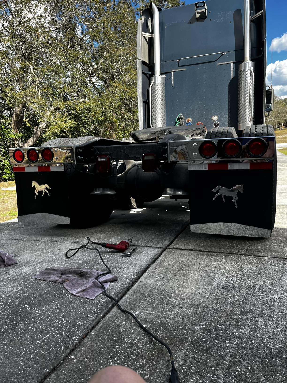 Stainless Steel Spring Loaded Mud Flap Hangers for Semi Trucks Rear Bar with Light Cutouts and Reflective Plate 2.5 Inches Bolt Spacing (Circular Hole) customer photo 1