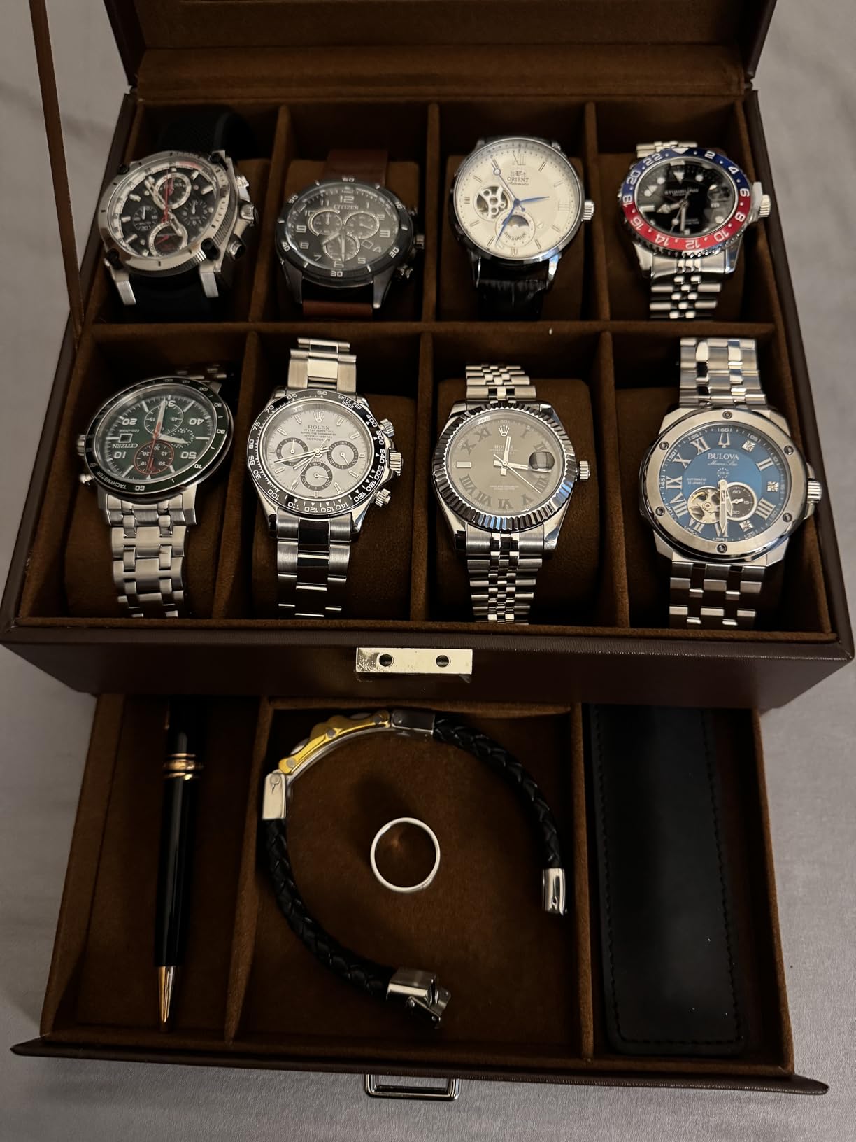 ProCase Watch Case, Fathers Day Gift for Dad, 8 Slot Mens Watch Box Holder Organizer with Glass Lid, 2-Layer Watches Display Case, Mens Jewelry Box with Drawer -8 Slot, Espresso customer photo 1