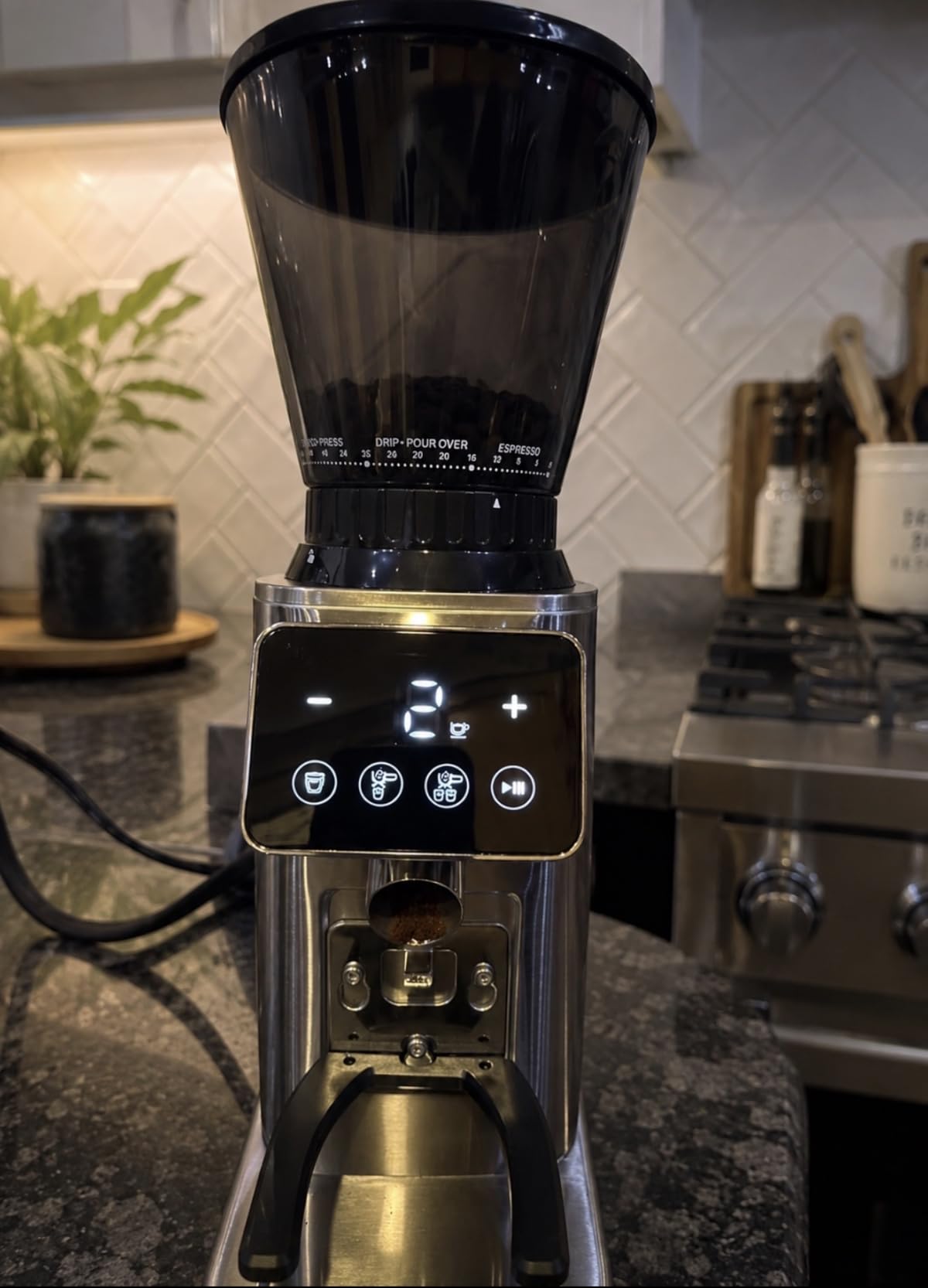 AMZCHEF Burr Coffee Grinder, 48 Settings, Less Static Mess, Metallic Silver | 40mm Burr, Low Retention, 0.5s LED Timer, Stainless Steel Body, Fit 51-54/58 Espresso Portafilter, Cleaning Brush Included customer photo 1
