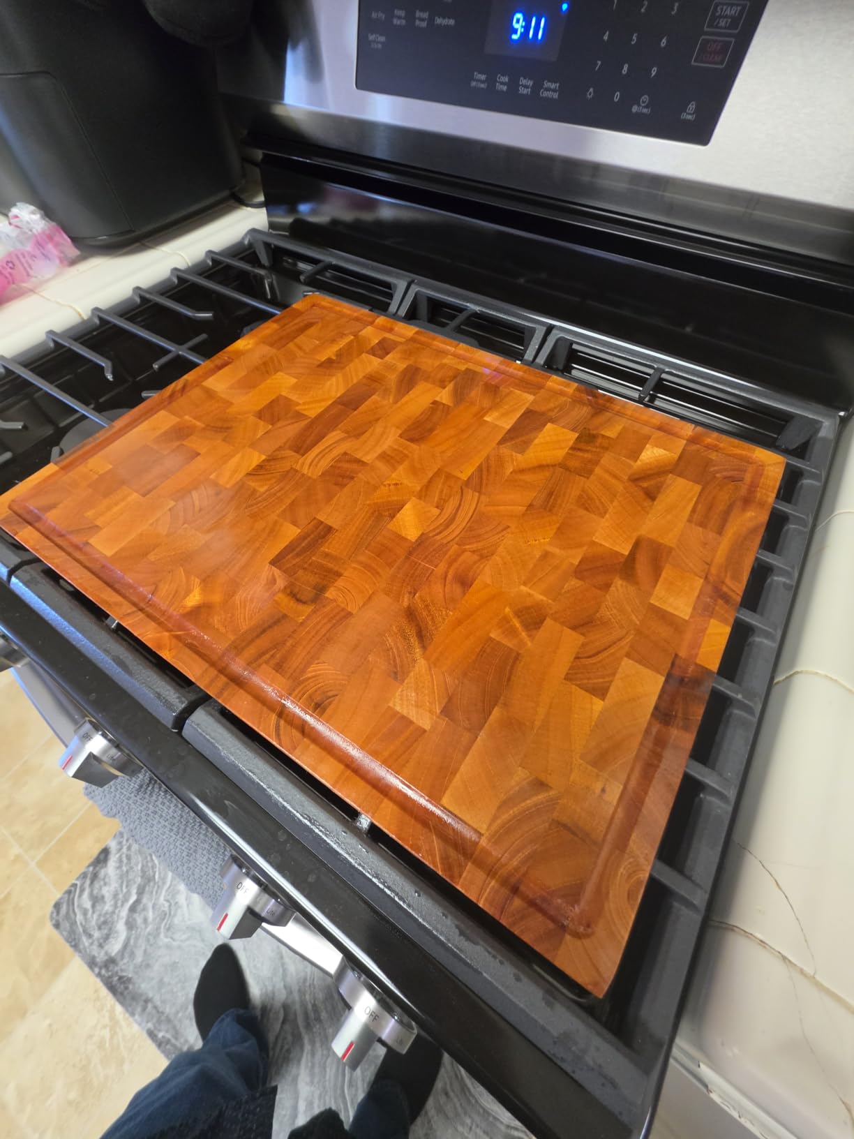 SHUMARU Mahogany End Grain Cutting Board, 17×13×1.6 in - Handmade Butcher Block, Knife-Friendly, Juice Groove, Non-Slip Feet customer photo 2