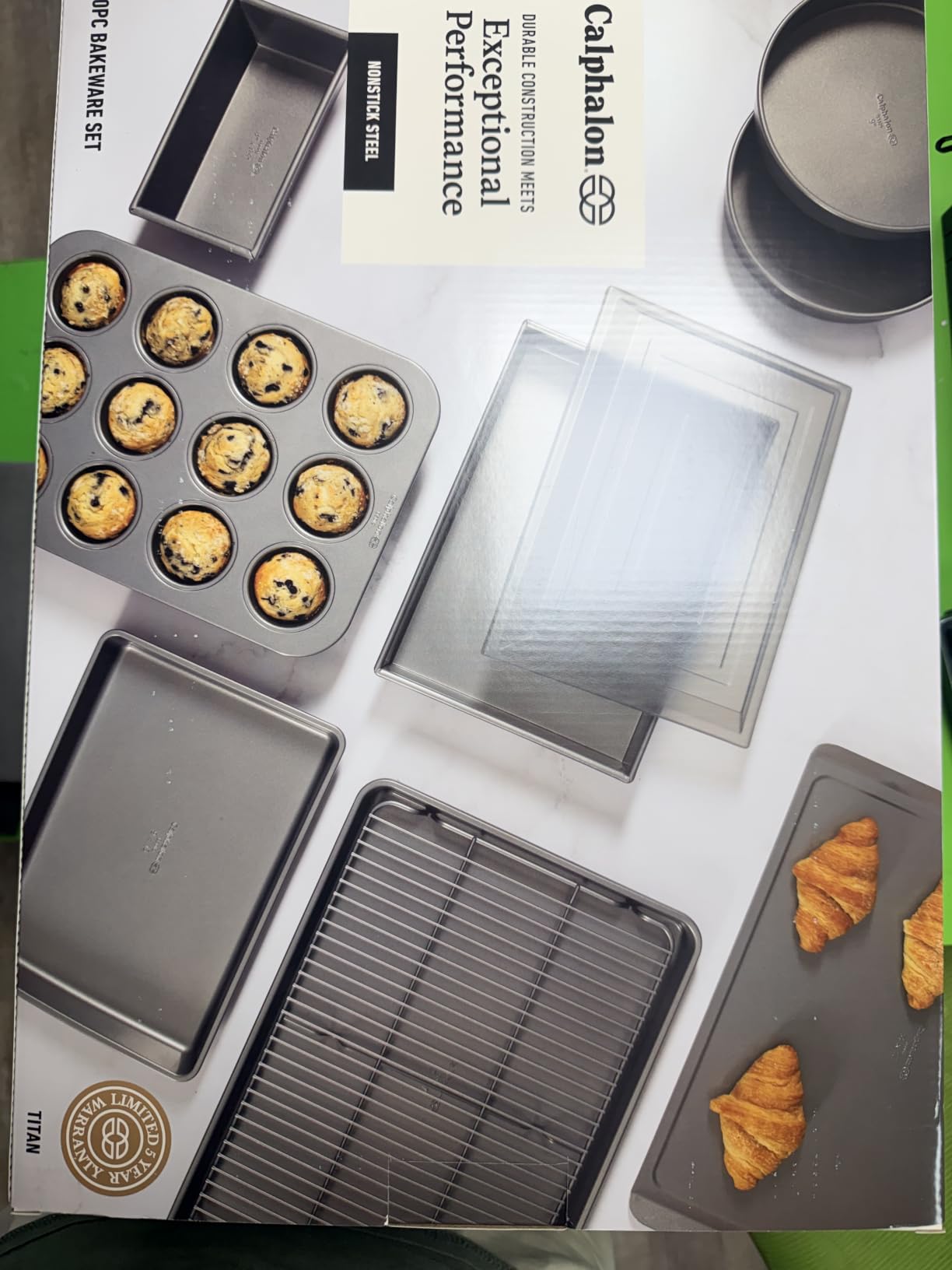 Calphalon Titan 10-Piece Nonstick Bakeware Set, Baking Sheet Set, Steel Core PFA-Free Nonstick Coating, Oven Safe, Includes Sheet Pans, Muffin Pan, Round Cake Pans, Loaf Pan and Cooling Rack - Silver customer photo 2