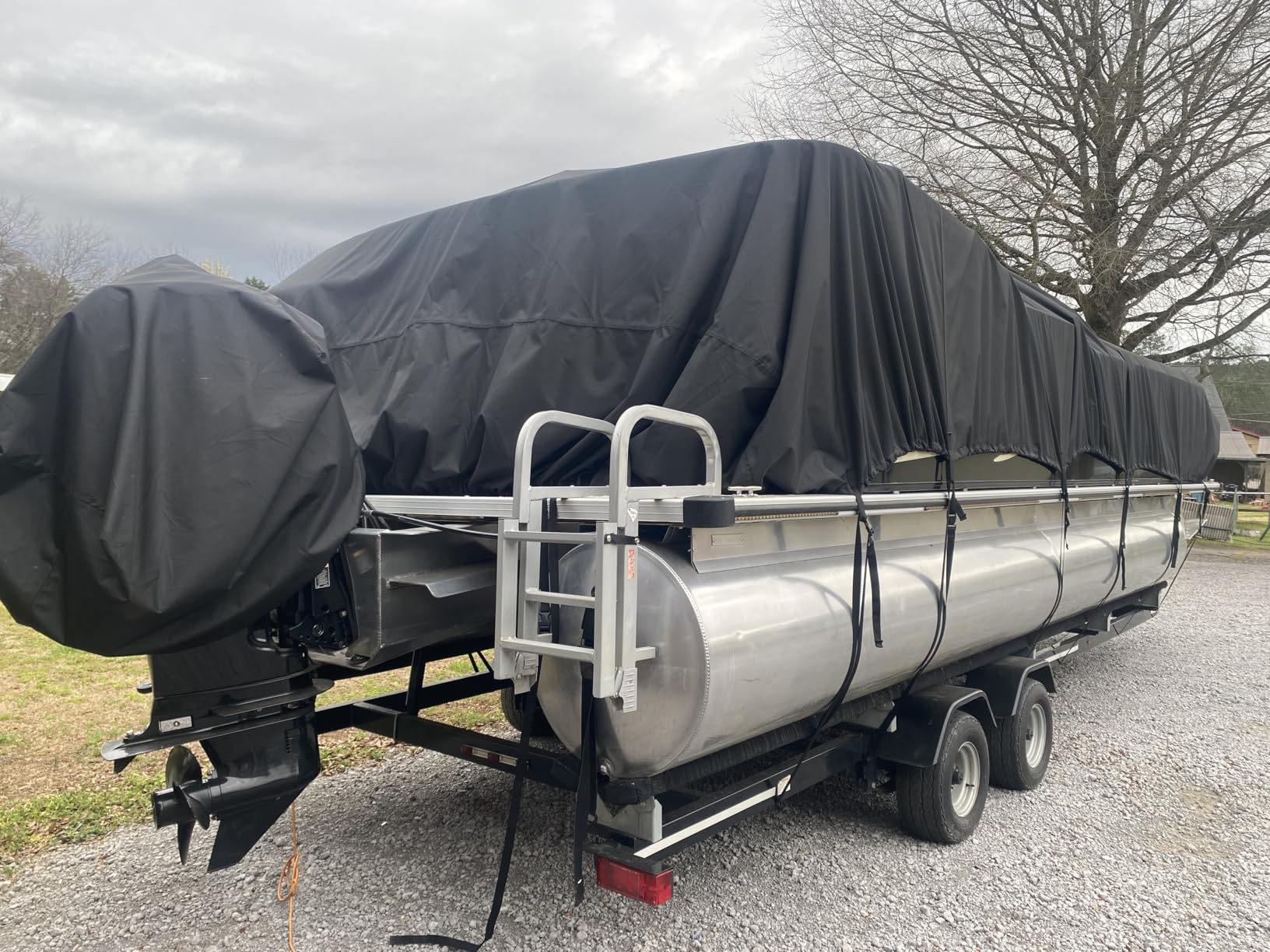 Pontoon Boat Cover 19-21 ft, 1200D Heavy Duty Waterproof Trailerable Cover for Pontoon Boats Up to 8.5 ft Beam, 14 Straps, Elastic Hem & Outboard Motor Cover, Gray customer photo 2