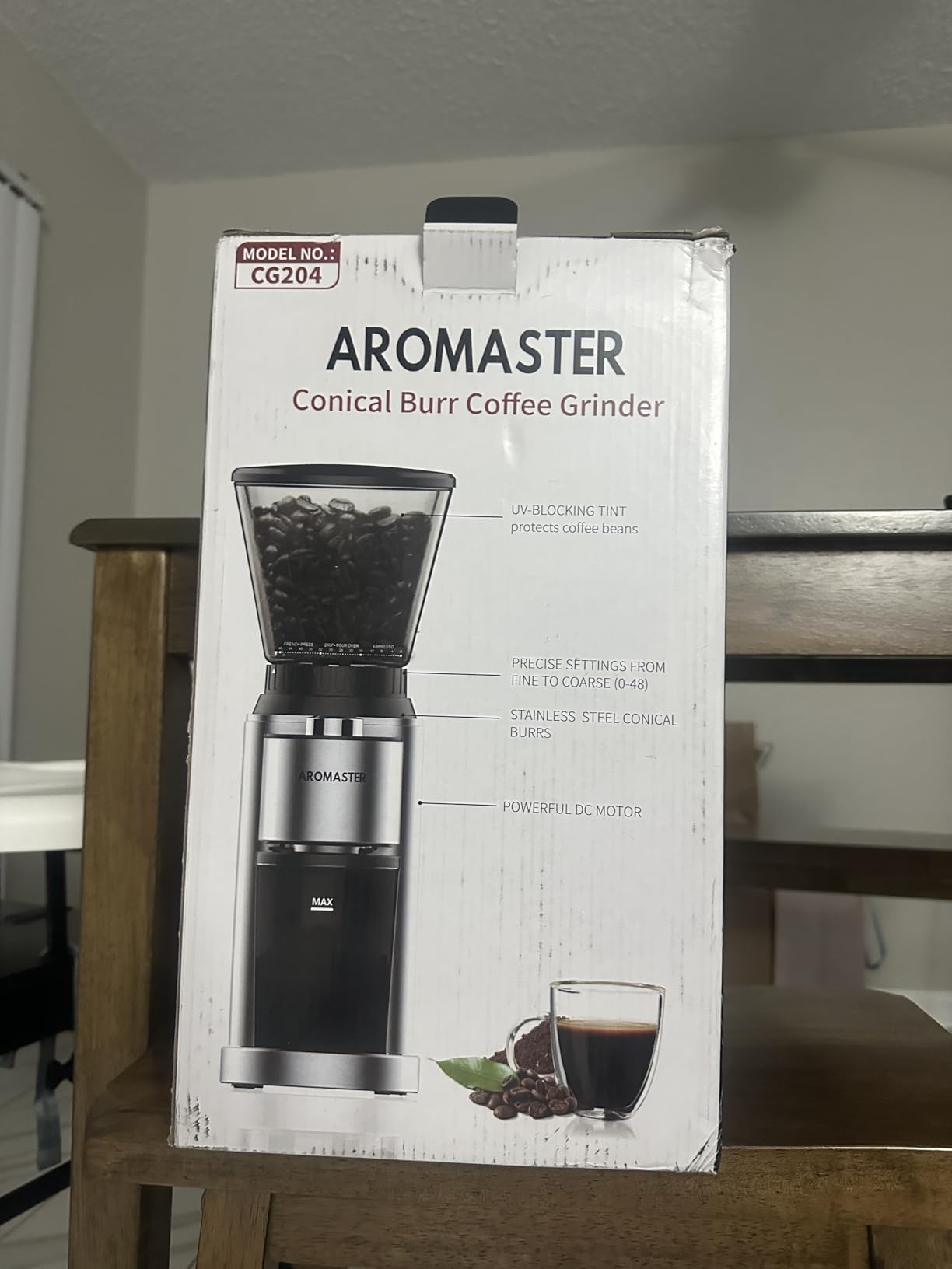 Aromaster Conical Coffee Bean Grinder, 48 Settings, Anti-Static, Sliver | Stainless Steel, 40S Adjustable Timer, Removable Burr, Brush for Easy Cleaning, for Espresso French Press Home Use, Quiet customer photo 1
