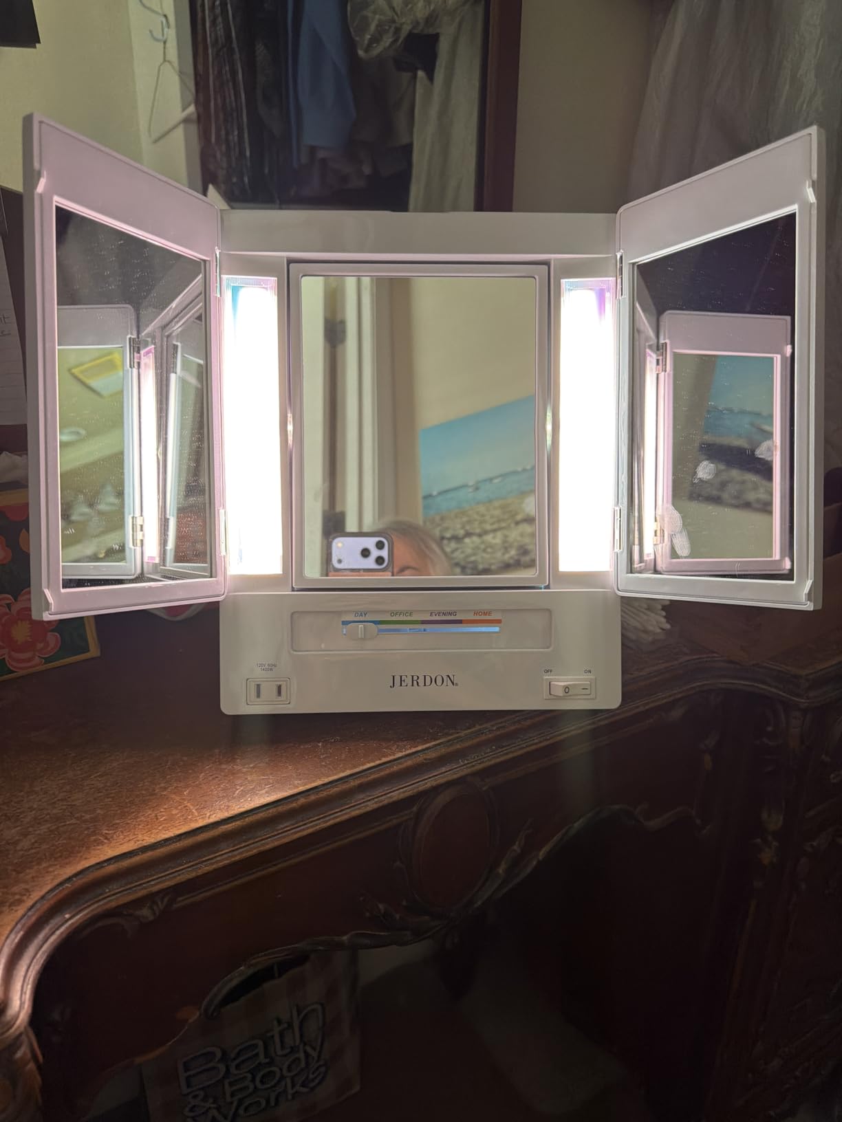 JERDON Lighted Makeup Mirror with 5X Magnification - White - JGL9W | Tri-Fold Two-Sided Design, Multiple Light Settings customer photo 1