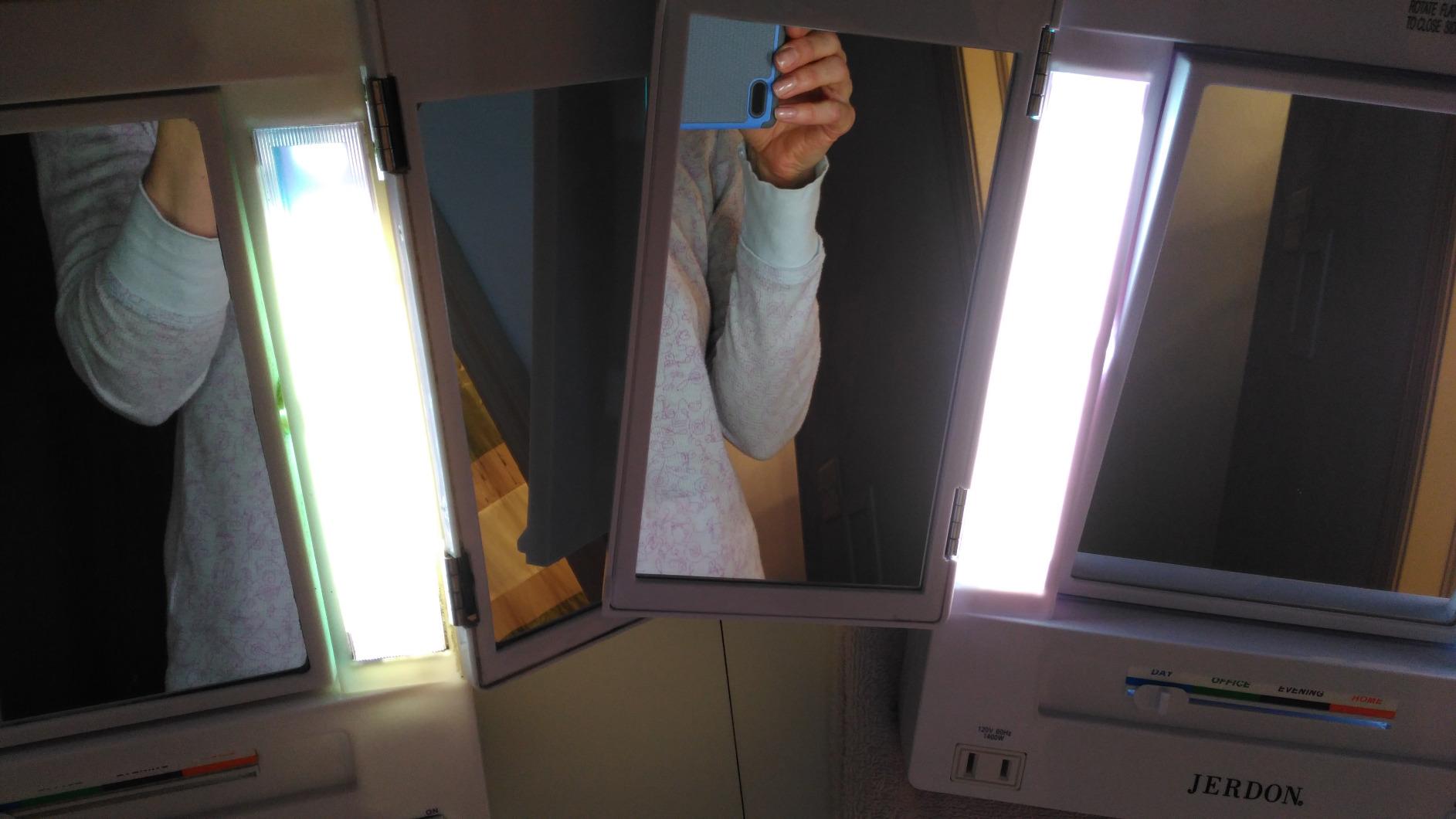 JERDON Lighted Makeup Mirror with 5X Magnification - White - JGL9W | Tri-Fold Two-Sided Design, Multiple Light Settings customer photo 2