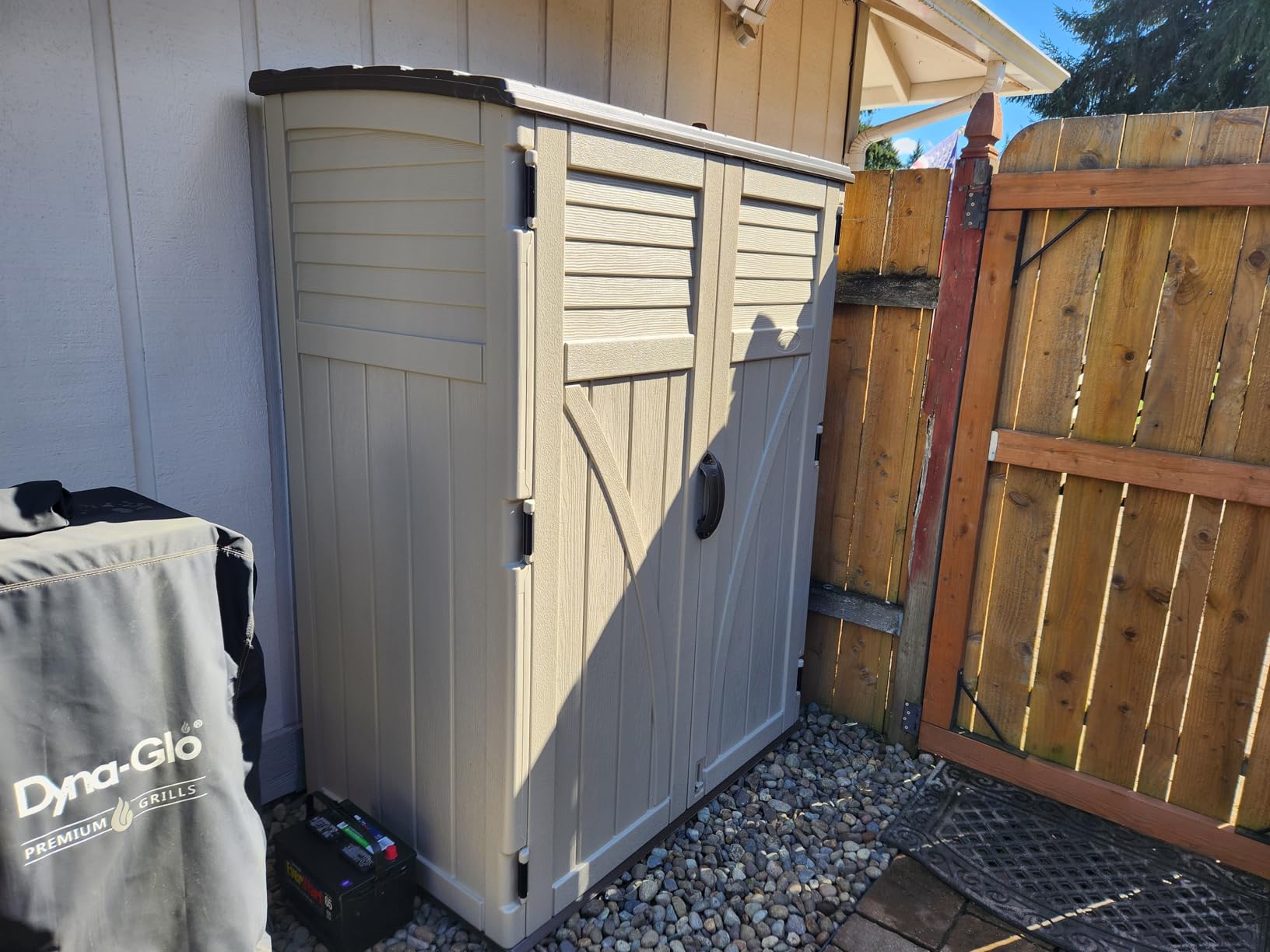 Suncast Outdoor Storage Shed, Water Resistant Resin Vertical Outdoor Storage Cabinet for Patio, Garden Tools, Cushions, & Equipment, Weatherproof Multi-Wall Design, 54 cu. ft., Made in USA customer photo 2