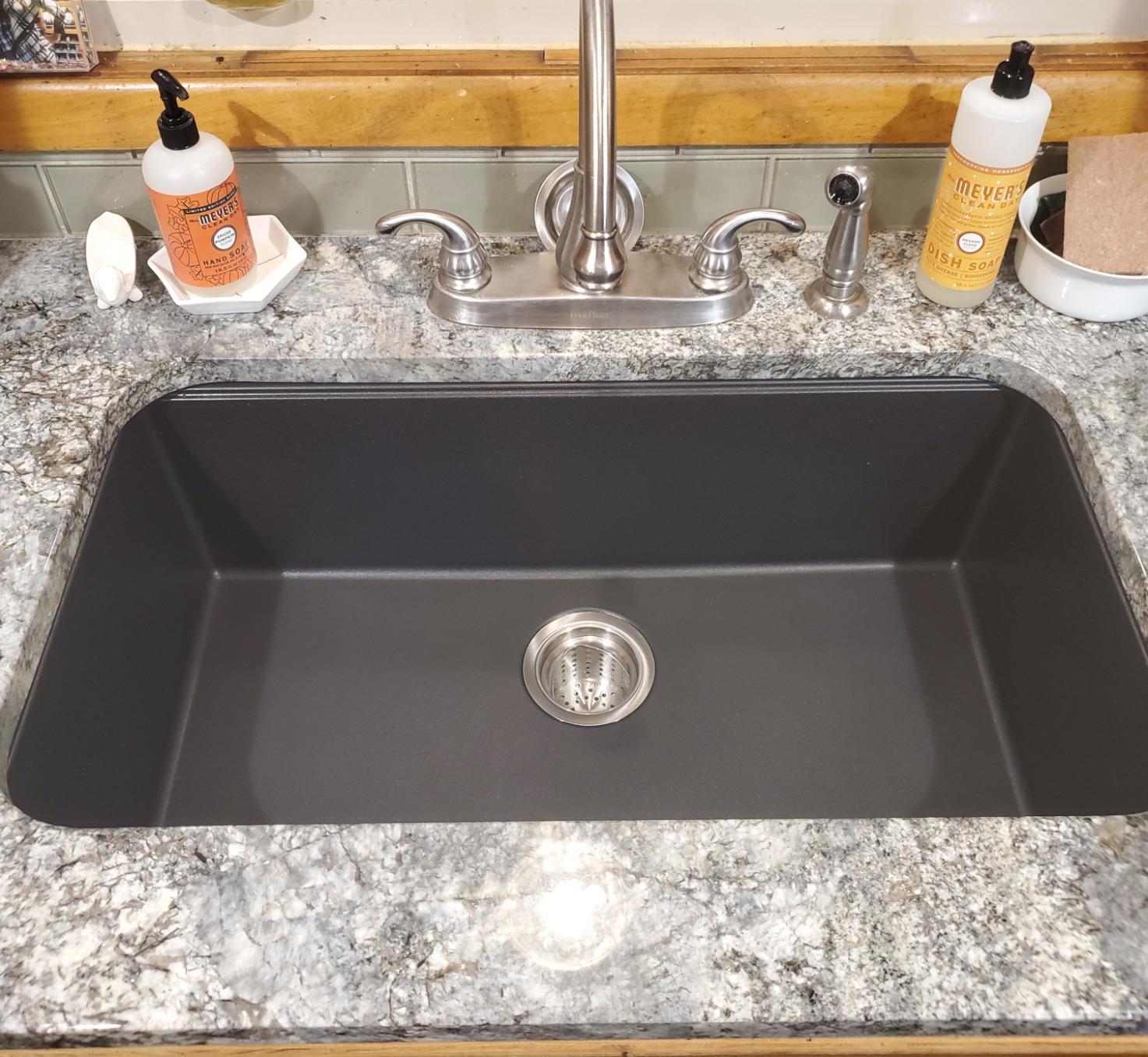 KRAUS Black Onyx 31 in Undermount Granite Kitchen Sink KGU-413B | Quartz composite with metallic particles, heat-safe, non-porous surface resists stains, colored through to resist fading customer photo 1