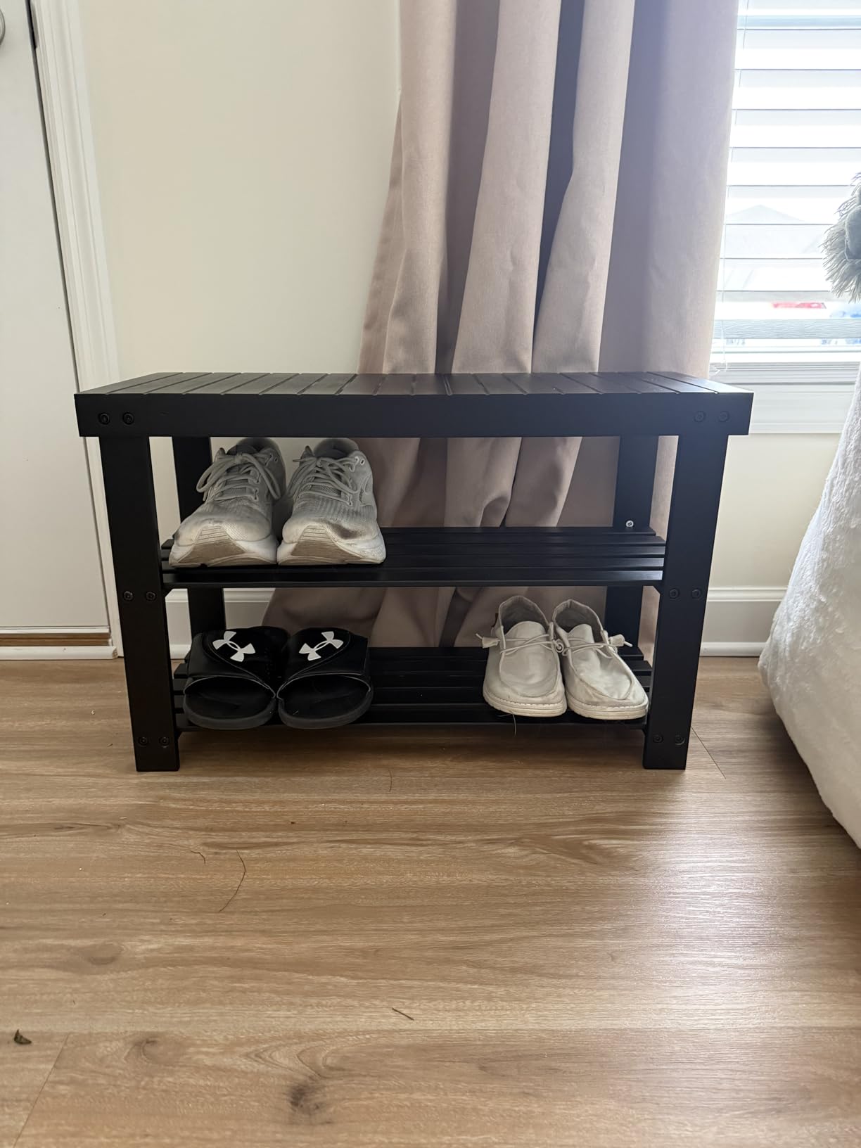 SONGMICS Shoe Rack Bench, 3-Tier Bamboo Shoe Storage Organizer, Entryway Bench, Holds Up to 286 lb, 11.3 x 27.6 x 17.8 Inches, for Entryway Bathroom Bedroom, Ink Black ULBS04H customer photo 1
