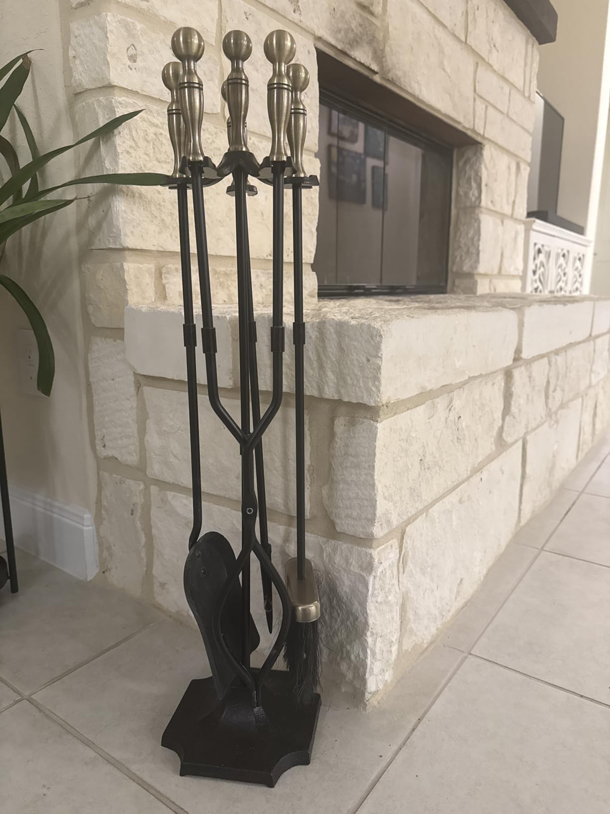 AMAGABELI Garden & Home 5 Pcs Fireplace Tools Brass Handles Wrought Iron Set Holder Indoor Outdoor Fireset Fire Pit Stand Rustic Tongs Shovel Brush Chimney Poker Wood Stove Hearth Accessories Kit customer photo 1