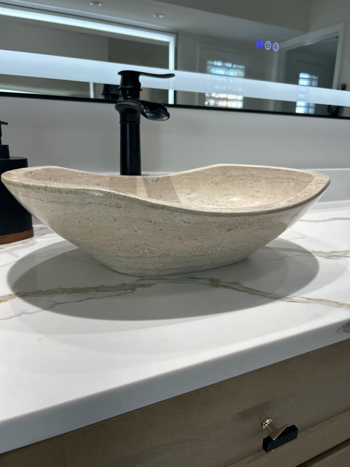 Oval Travertine Vessel Sink - Natural Stone Wash Basin, Hand-Carved Bathroom Sink with Chiseled Exterior & Polished Interior, Above Counter Vanity Basin (Includes Matching Soap Tray) customer photo 1
