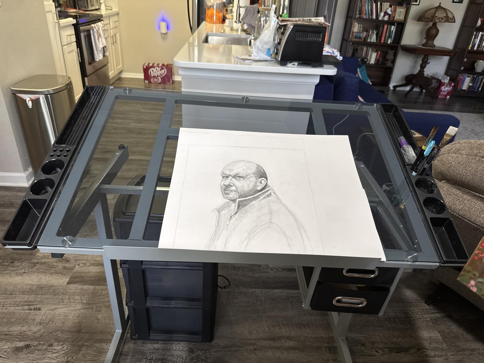 Yaheetech Glass Drafting Table with Storage, Adjustable Art Drawing Desk | Tempered glass top on a steel frame tilts 0-60° for drawing, tracing, or diamond art, plus two fabric drawers and side trays. customer photo 2