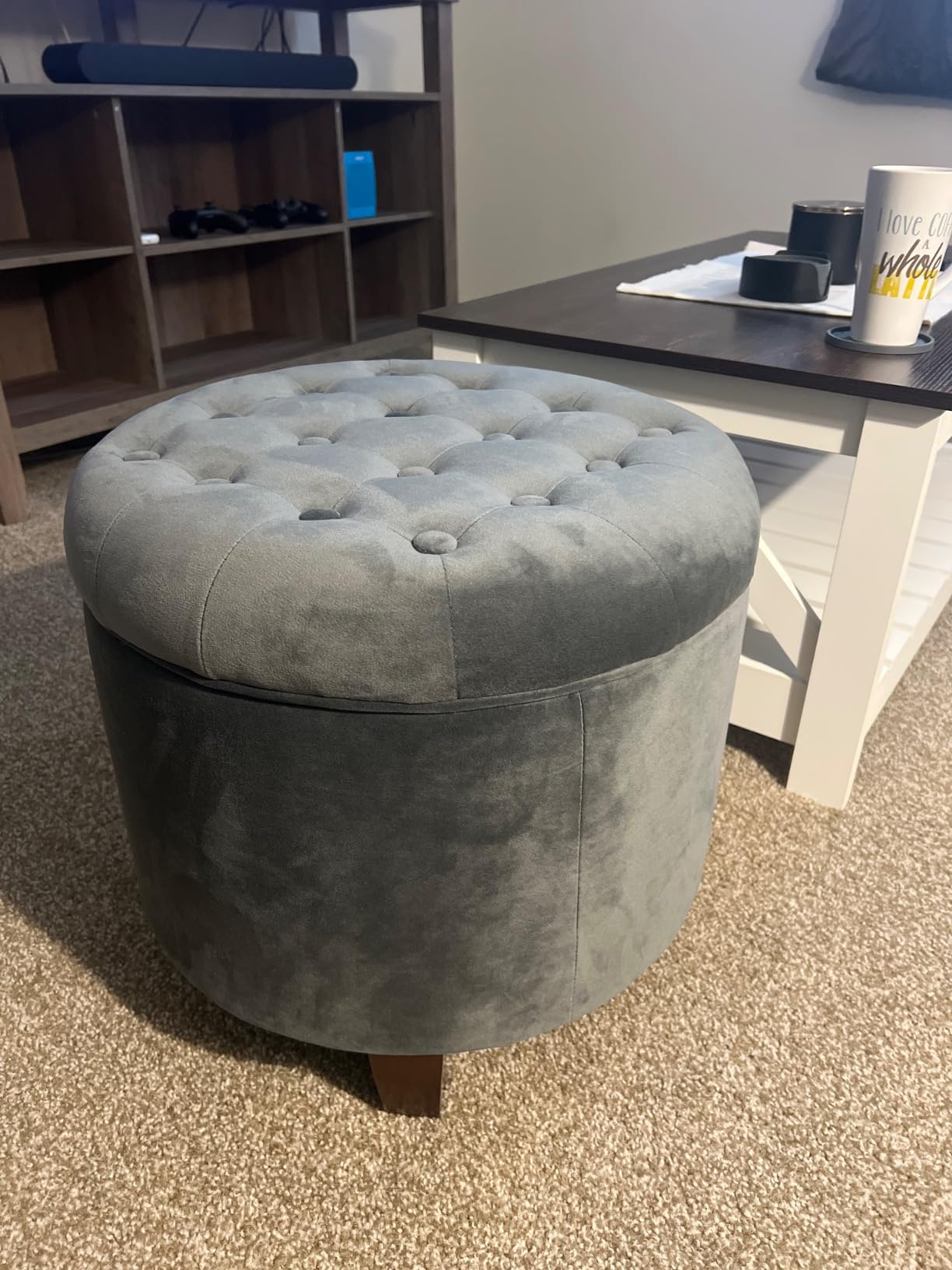 Homepop Home Decor | Upholstered Round Velvet Tufted Foot Rest Ottoman | Ottoman with Storage for Living Room & Bedroom | Decorative Home Furniture, Dark Gray Small customer photo 1