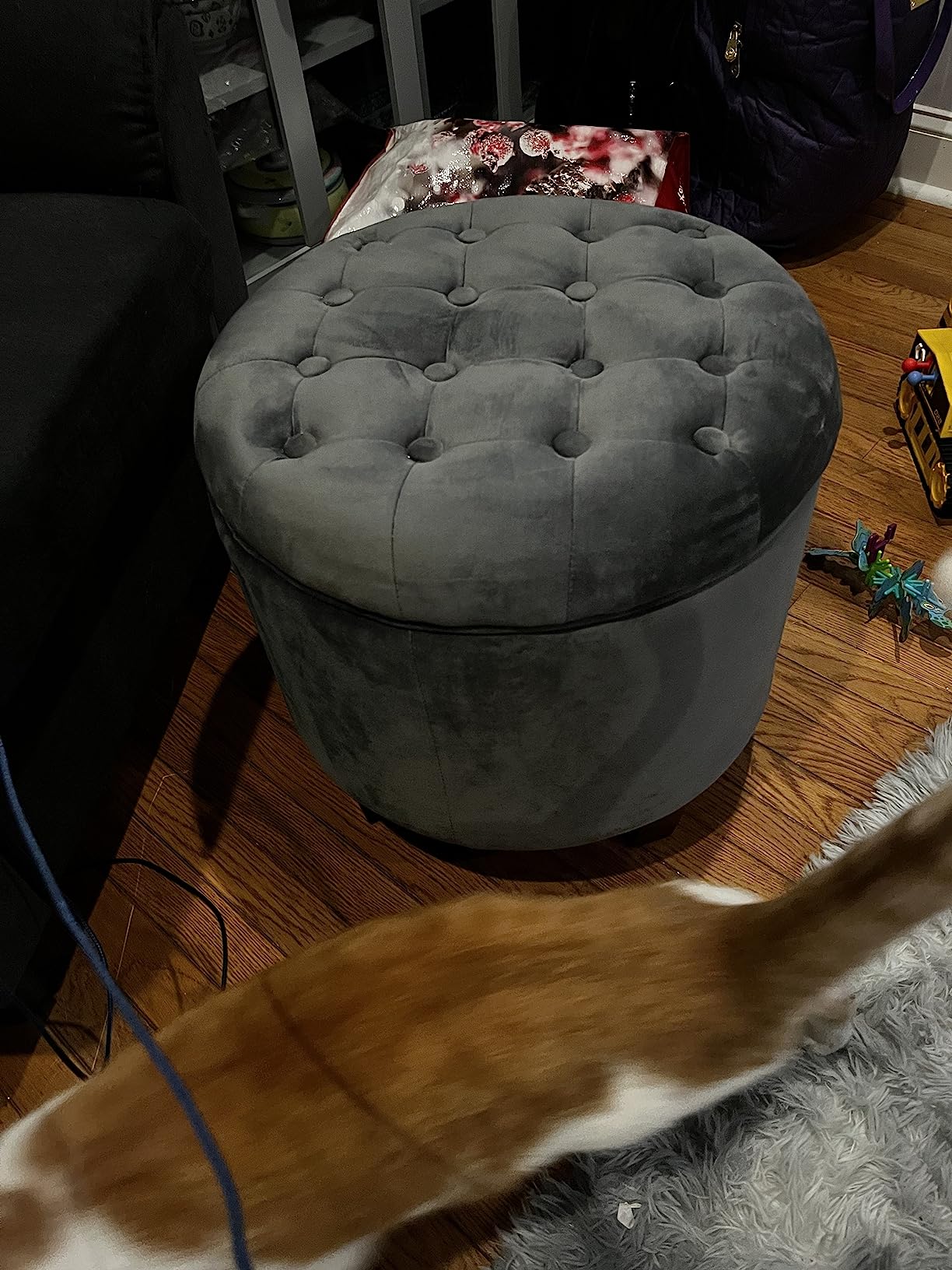 Homepop Home Decor | Upholstered Round Velvet Tufted Foot Rest Ottoman | Ottoman with Storage for Living Room & Bedroom | Decorative Home Furniture, Dark Gray Small customer photo 2
