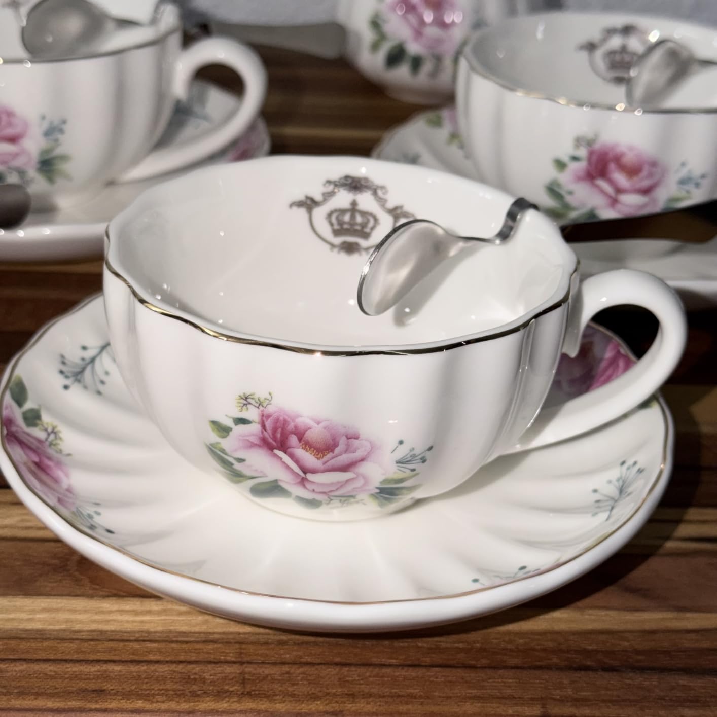Porcelain Tea Sets British Royal Series, 8 OZ Cups & Saucer Service for 6, with Teapot Sugar Bowl Cream Pitcher Teaspoons and tea strainer for Tea/Coffee, Pukka Home (Pure White) customer photo 1