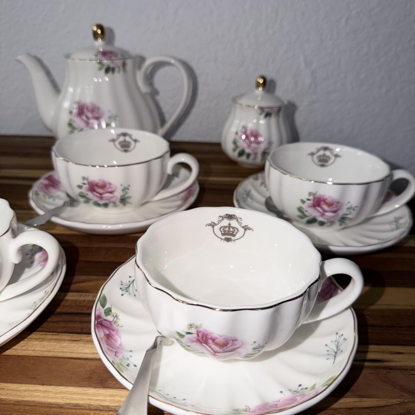 Porcelain Tea Sets British Royal Series, 8 OZ Cups & Saucer Service for 6, with Teapot Sugar Bowl Cream Pitcher Teaspoons and tea strainer for Tea/Coffee, Pukka Home (Pure White) customer photo 2