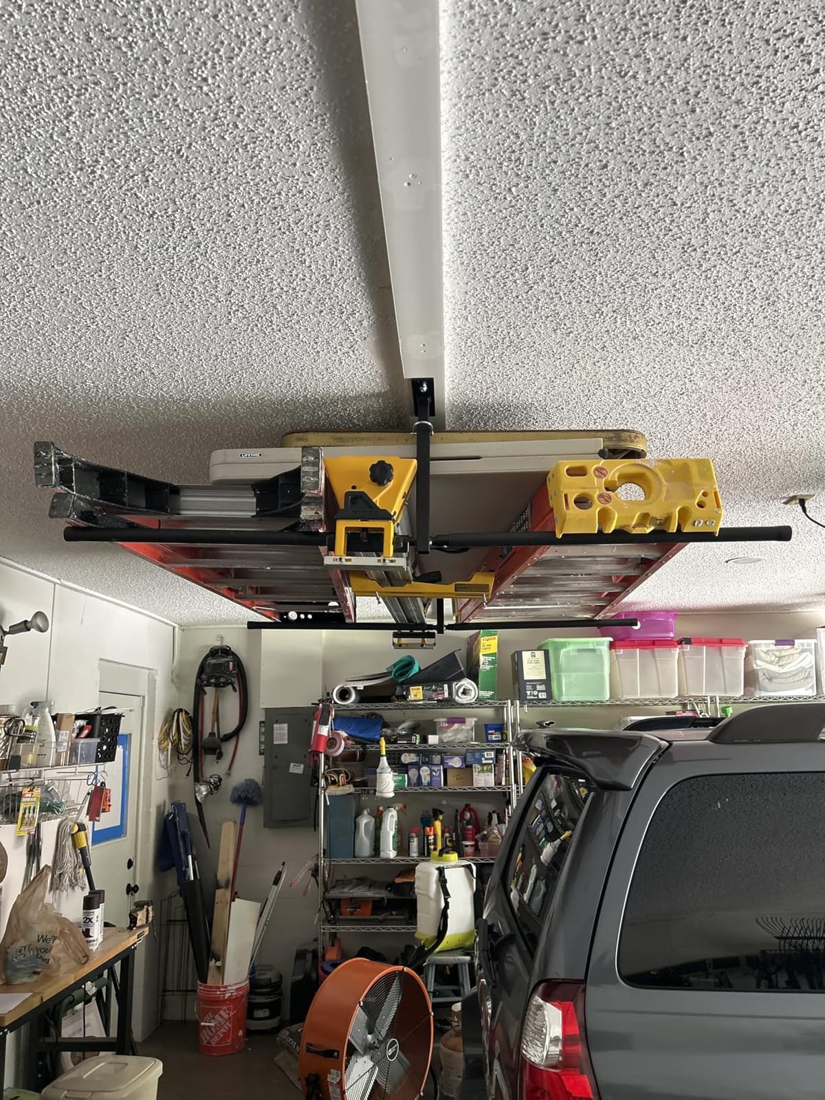 StoreYourBoard Adjustable Overhead Ladder Rack - Garage Organizer Ladder Shelf for Step & Extension Ladders - Storage Racks and Shelving for Garage Organization - Ceiling Mounted - Holds 150 lbs customer photo 2