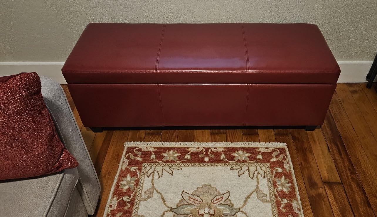 BELLEZE Storage Faux Leather Ottoman, 47 Inch Bench Bedroom Bench with Safety Close Hinge, Extra Long Ottoman with Storage for Living Room, Entryway, Foot Rest, Support 300lbs - Rustic Brown customer photo 2