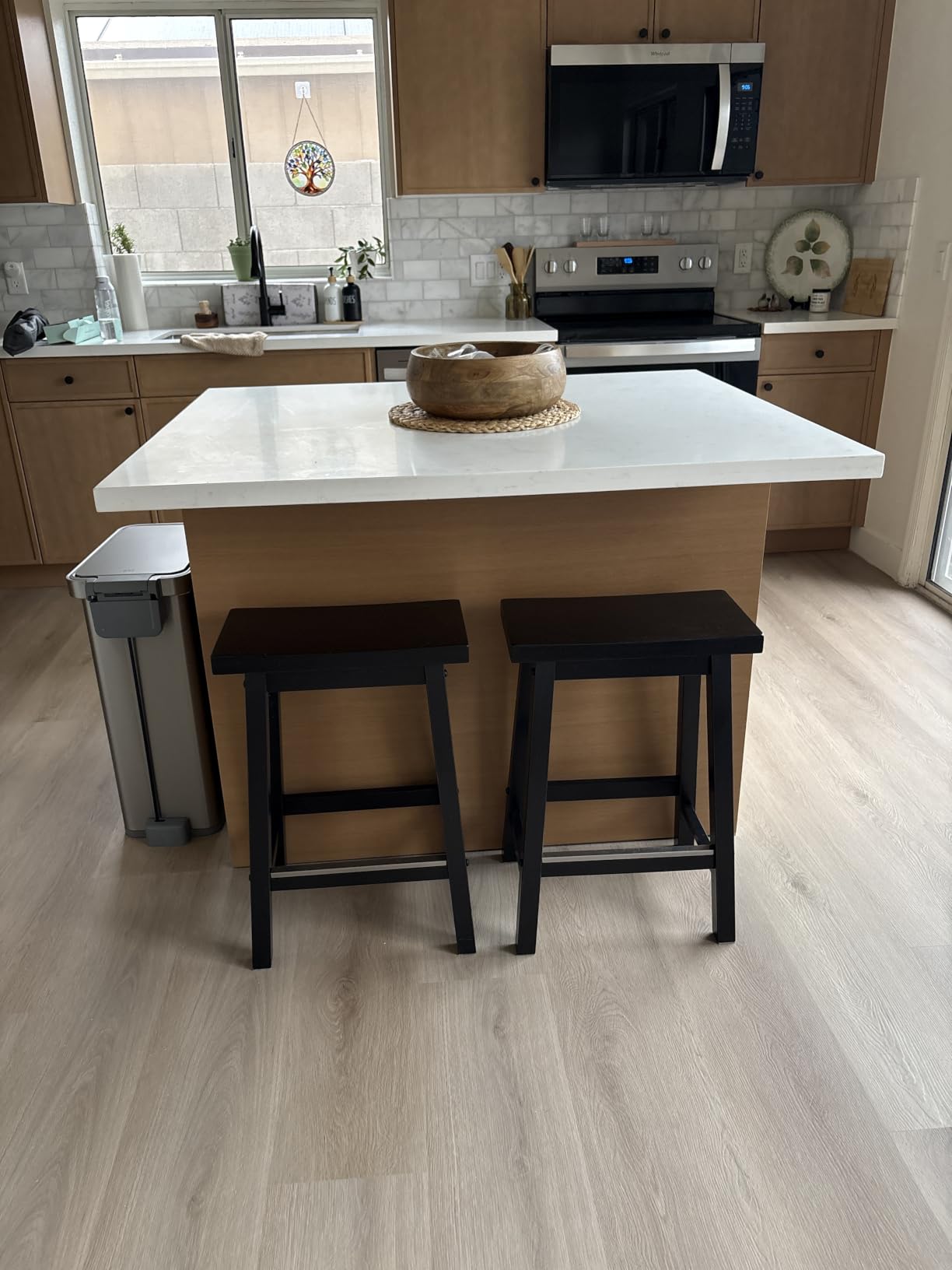 Amazon Basics Solid Wood Saddle-Seat Counter Height Bar Stools for Kitchen Island with Footrest, 24-Inch Height, Walnut, Set of 2 customer photo 2