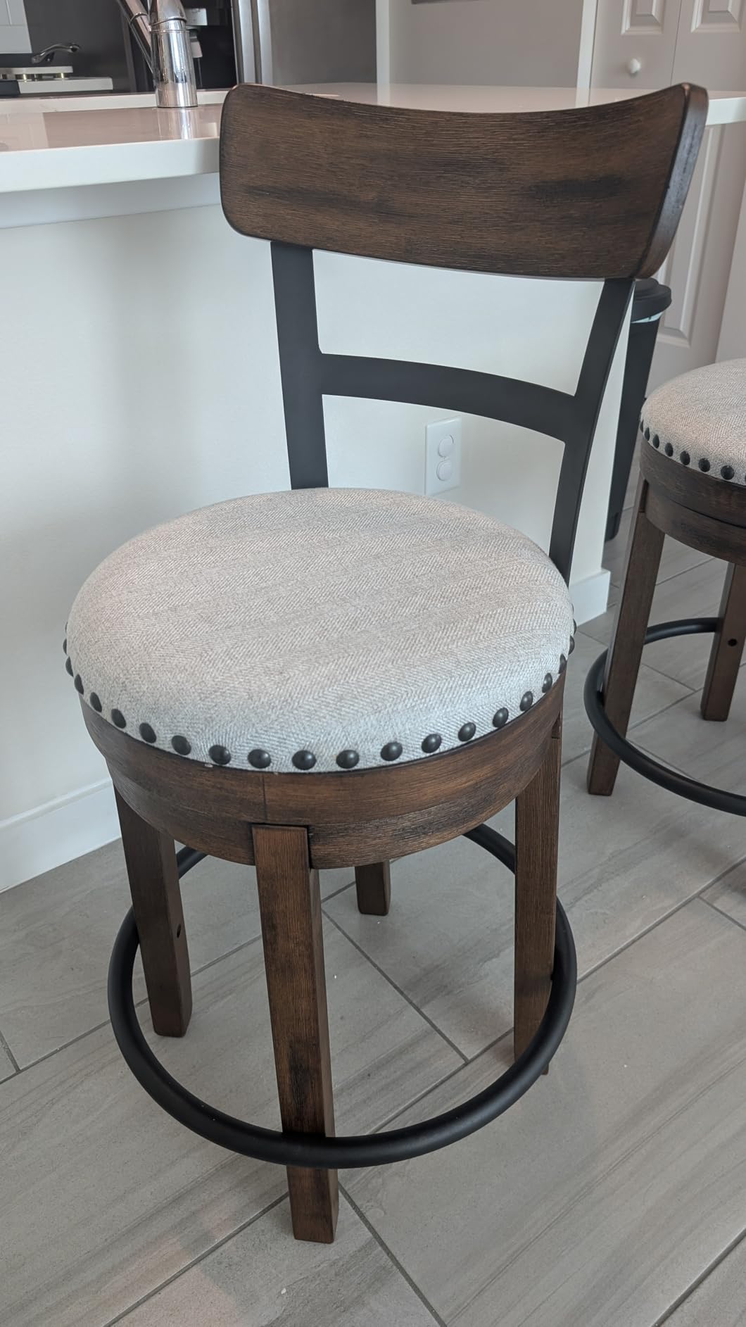 Signature Design by Ashley Valebeck Counter Height Bar Stool, Brown | Rustic-industrial wood and metal stool, Cushioned comfort, Tailored nailhead trim, Smooth 360-degree swivel customer photo 1