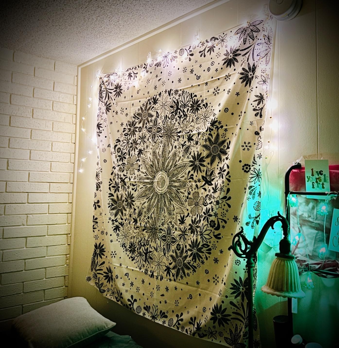 Neasow Bohemian Tapestry Wall Hanging, Beige White Floral Tapestry with Dotted Daisy Medallion Print Bedroom Boho Hippie Home Decor, 50×60 inches customer photo 2
