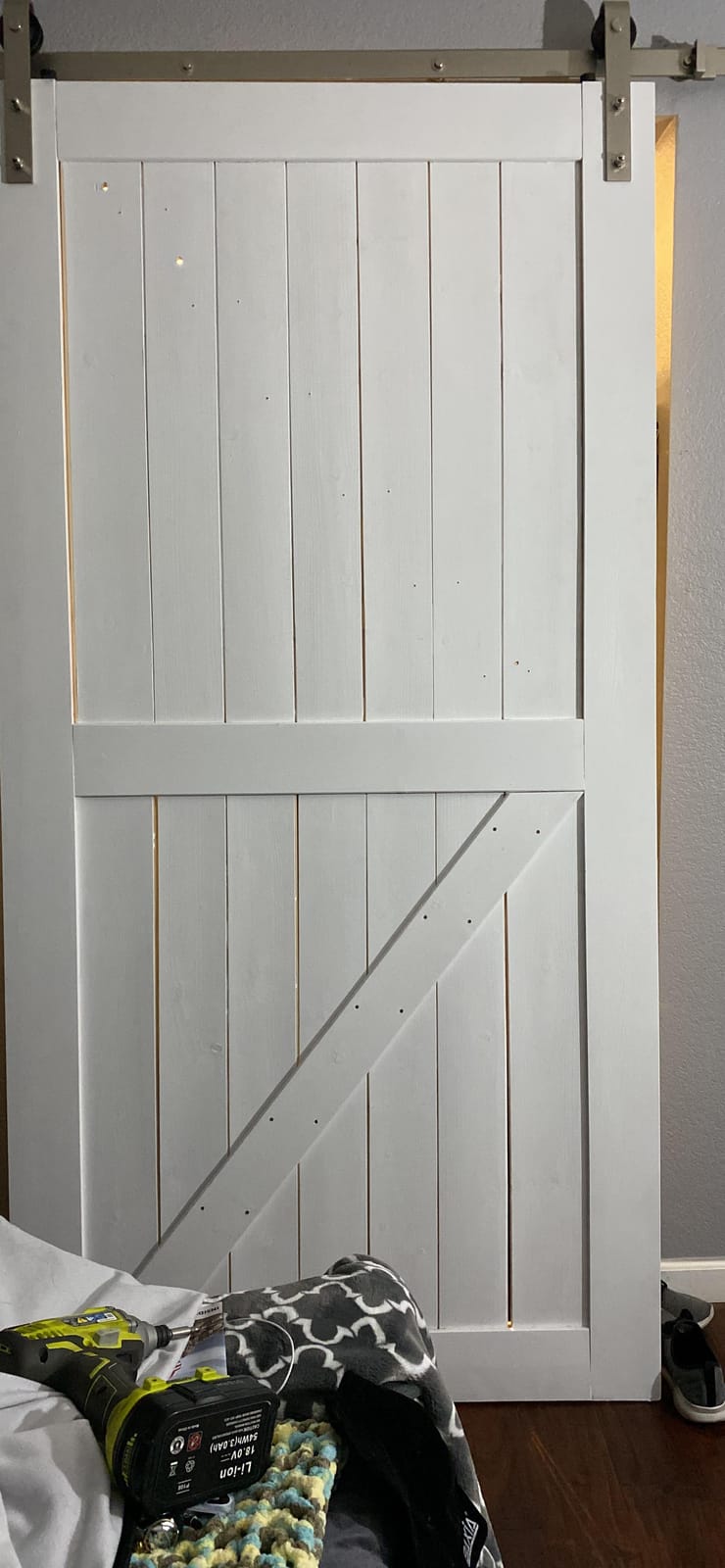 SmartStandard 36in x 80in Sliding Barn Wood Door, Natural, Unfinished Solid Spruce Wood Panelled Slab, K-Frame customer photo 2