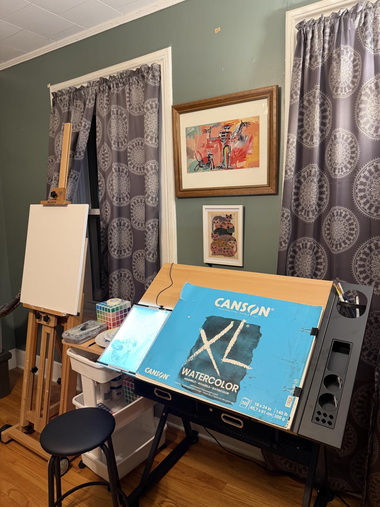 Yaheetech Adjustable Drafting Table Art Desk, Storage Drawers & Stool, Wood | MDF tabletop tilts 0-60° on a metal frame for drawing, crafts, and homework, with two supply drawers and a matching stool. customer photo 2