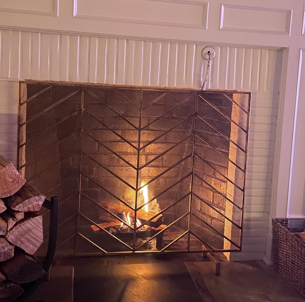 Best Choice Products 38x31in Single Panel Handcrafted Wrought Iron Mesh Chevron Fireplace Screen, Fire Spark Guard for Living Room, Bedroom Decor w/Distressed Antique Finish - Gold customer photo 2