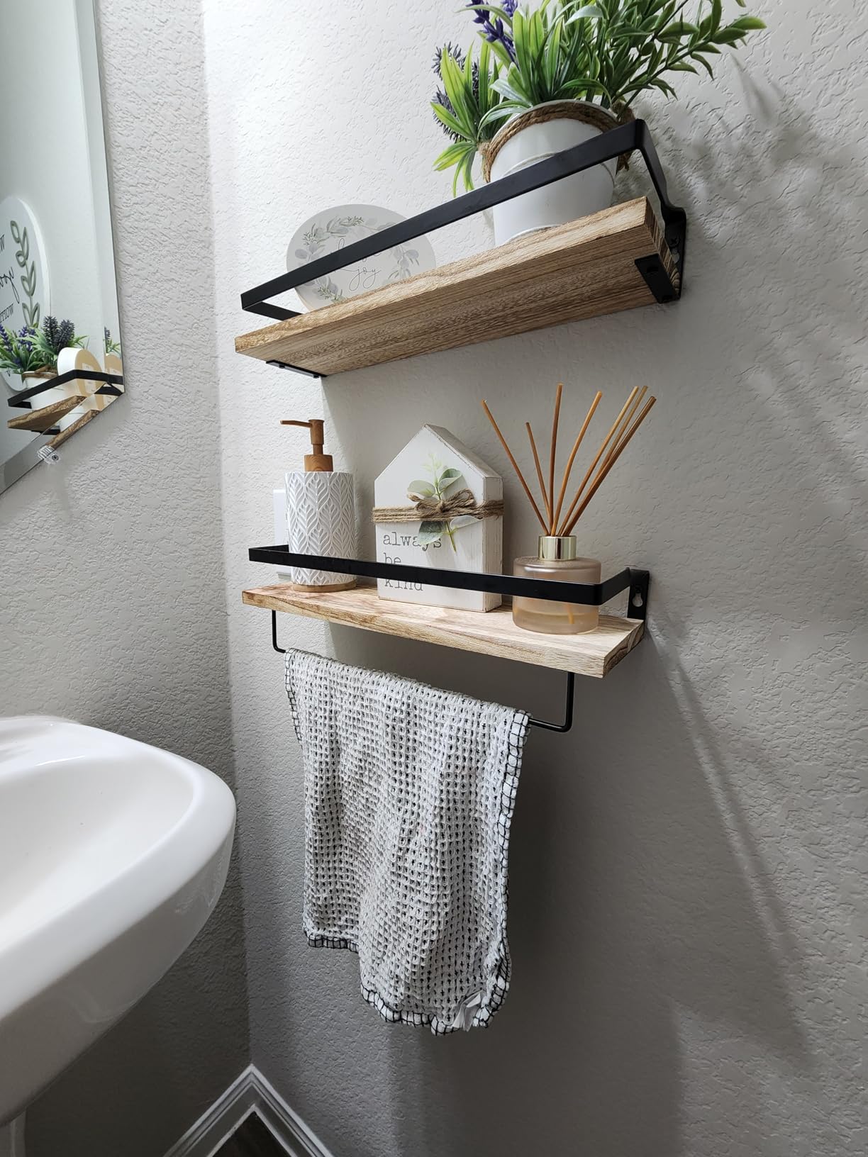 Amada Bathroom Shelves with Towel Bar, Set of 2, Light Brown | Floating Shelves with Detachable Towel Bar, Protective Metal Guards, Paulownia Wood, Bathroom, Living Room & Kitchen Storage customer photo 1
