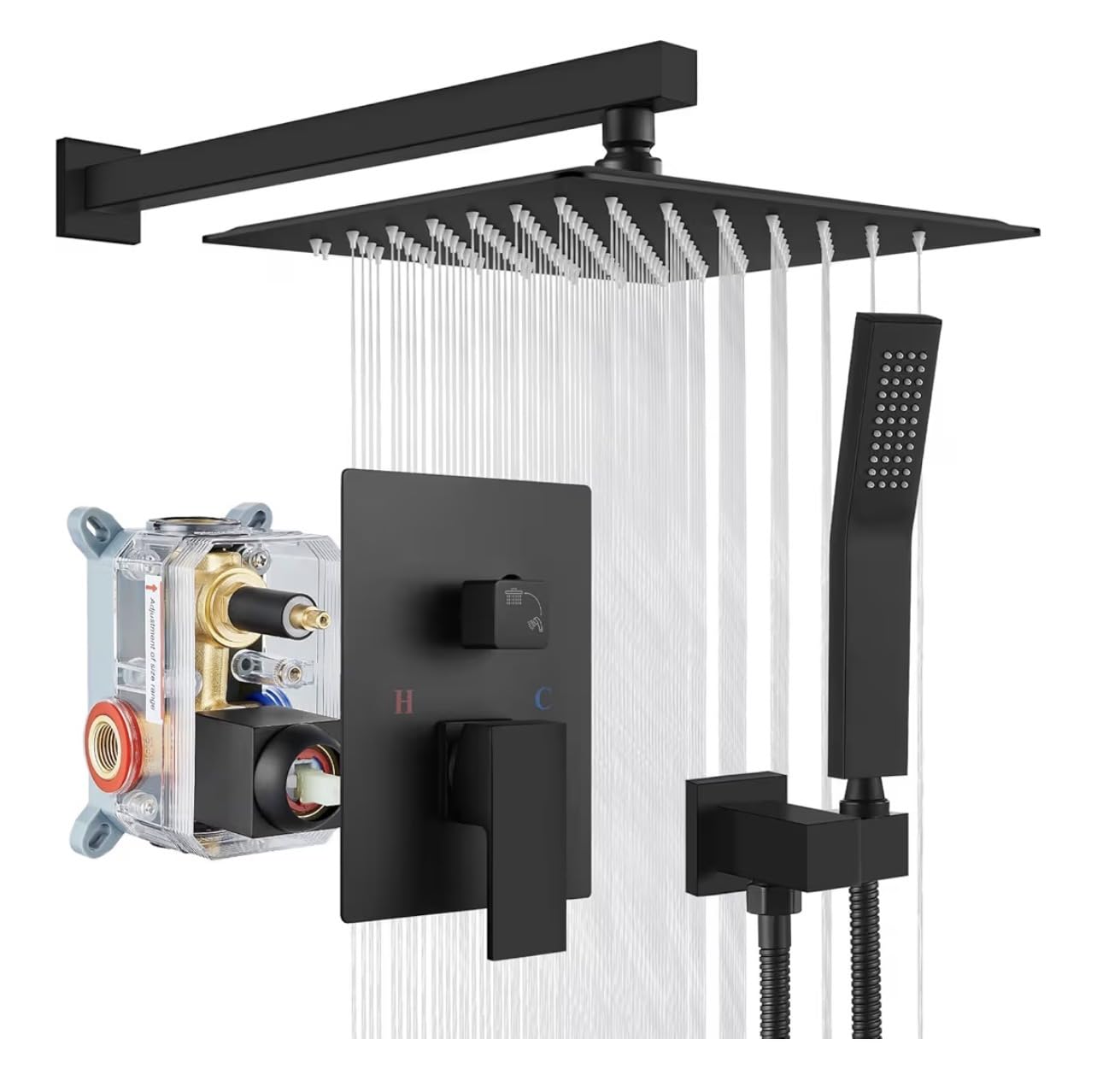 gotonovo Shower Faucet Set with Handheld Spray Matte Black, 12'' Head | SUS304 Rainfall Shower Head and Handle Set System Fixture, Pressure Balance Valve Trim Kit, Single Handle, Wall Mount, All Metal customer photo 1