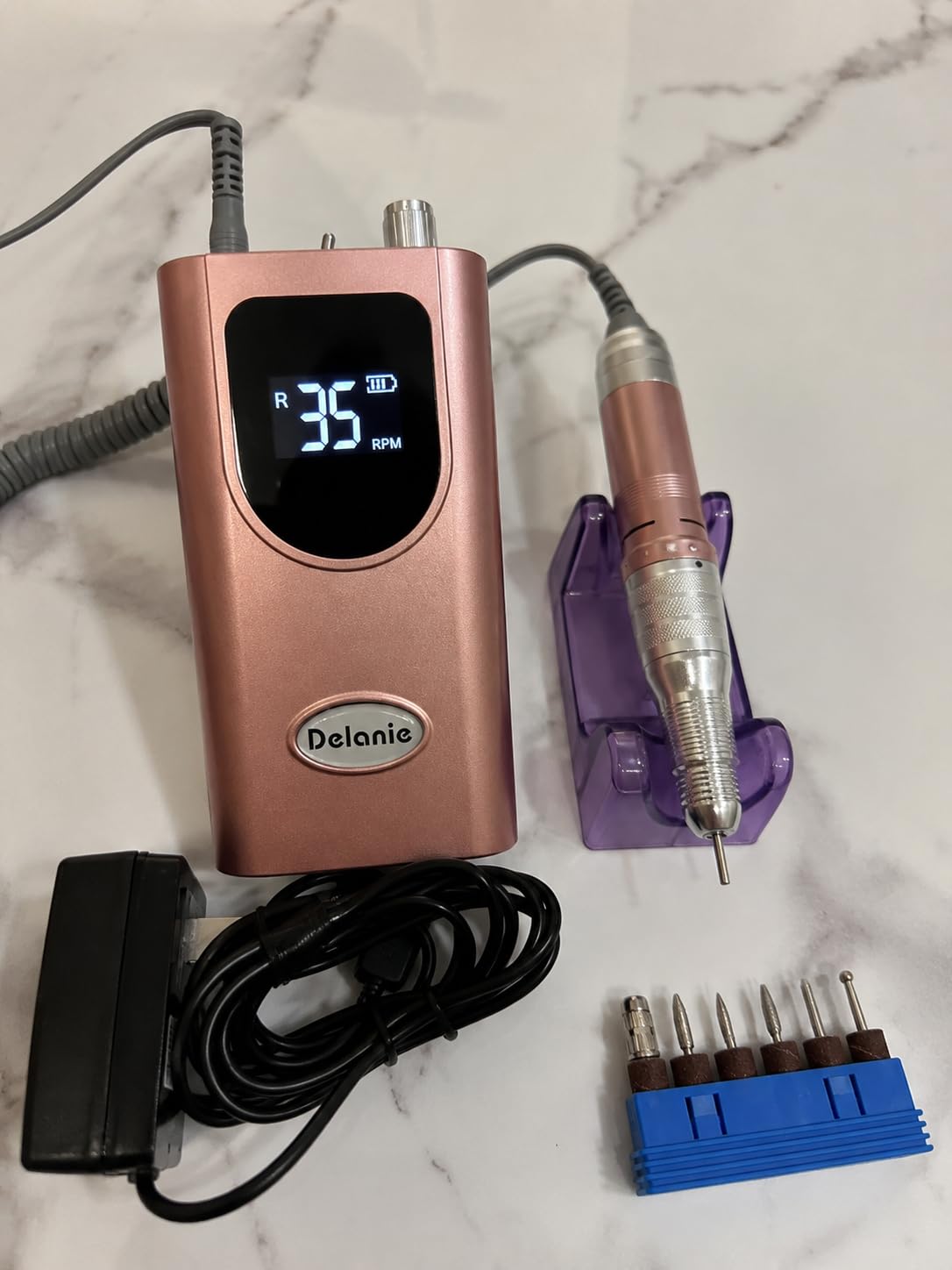 Delanie Professional Nail Drill High Torque 35000 RPM Rechargeable Portable Electric Nail File Filer for Acrylic Gel with Cuticle Bits, Salon Manicure Tool, Purple customer photo 1