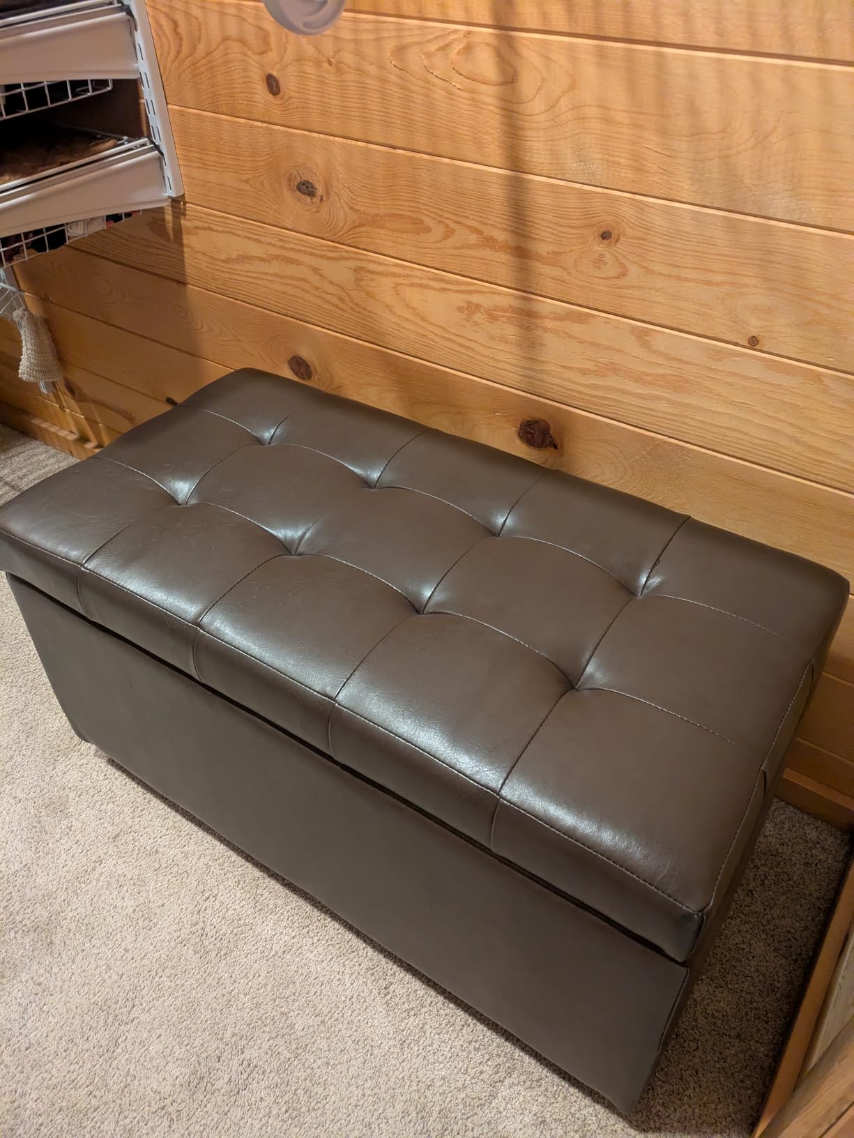SIMPLIHOME Cosmopolitan Storage Ottoman - 34 inch Wide Upholstered Vegan Leather Rectangle Storage Ottoman Bench in Distressed Saddle Brown, Transitional Tufted Ottoman for Entryway with Lift-Up Lid customer photo 1