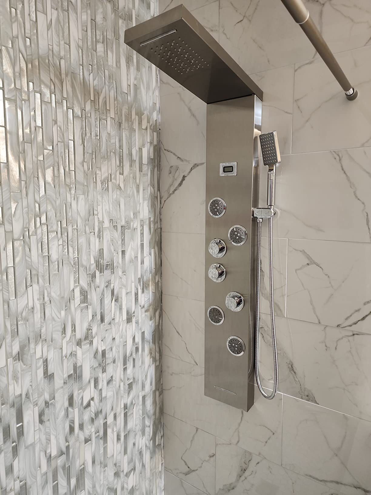 5-in-1 LED Shower Panel Tower System Stainless Steel Brushed Nickel | Rainfall + waterfall head | Massage jets | Handheld shower | Tub spout | LED display | Wall mount customer photo 2