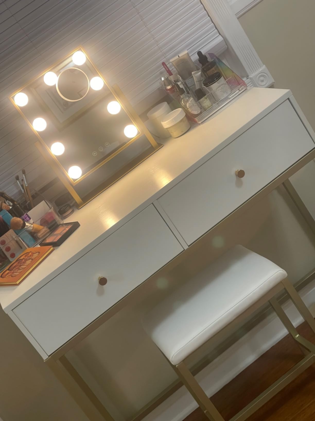BWLLNI Lighted Makeup Mirror, White Vanity Mirror with Lights, 9 LED Bulbs | Hollywood Mirror Touch Control Design 3 Colors Dimmable LED Bulbs, Detachable 10X Magnification, 360° Rotation, 12