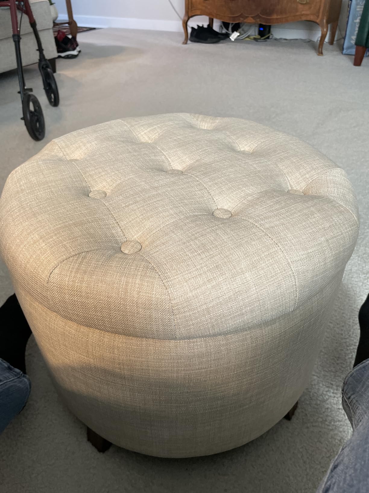 Amazon Basics Round Storage Ottoman Foot Rest, Button Tufted Upholstered Footstool with Storage, Sturdy Linen Fabric for Living Room and Bedroom, 20
