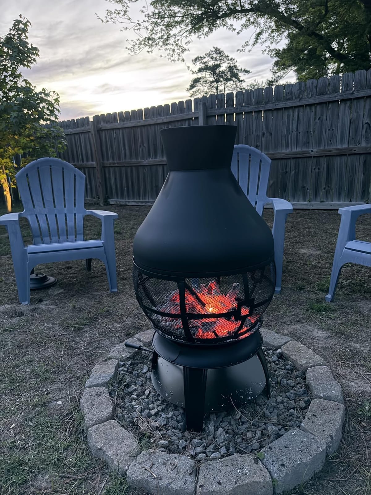 Giantex Wood Burning Chiminea, Heavy Duty Fireplace Chiminea for Patio | Wood Fire Pit w/ 2-piece Log Grate, Premium Rain Cap & Fire Poker, 360° Fire Retardant Mesh Cover, Ideal for Garden, Backyard customer photo 2