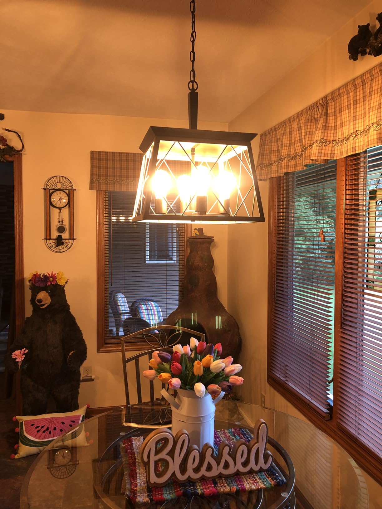 Q&S Dining Room Chandelier Light Fixtures, Farmhouse Rustic Vintage Antique Linear Chandeliers Pendant Ceiling Light Fixture for Kitchen Island Bar Office Coffee Shop 5-Lights Oak and ORB UL Listed customer photo 1