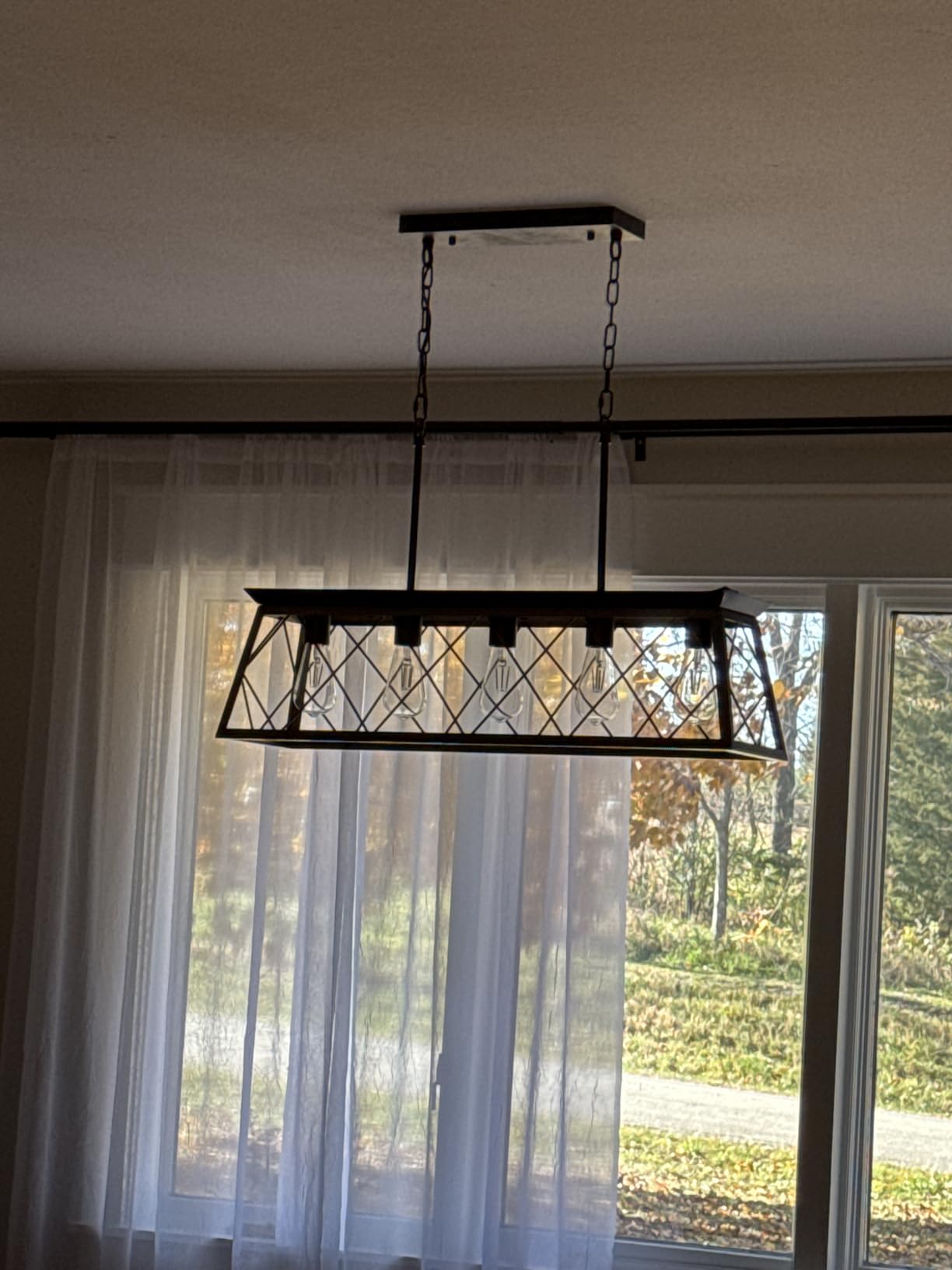 Q&S Dining Room Chandelier Light Fixtures, Farmhouse Rustic Vintage Antique Linear Chandeliers Pendant Ceiling Light Fixture for Kitchen Island Bar Office Coffee Shop 5-Lights Oak and ORB UL Listed customer photo 2