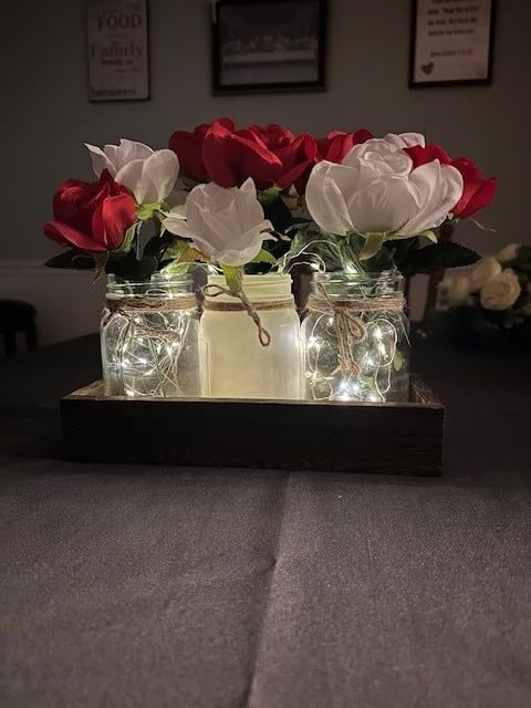 Mkono Mason Jar Lights Centerpieces for Tables Dining Room Farmhouse Decor | Wood Tray Peonies Artificial Flowers Champagne Warm Glow, Coffee Table Decoration Kitchen Living Room Wedding Indoor Outdoor customer photo 1