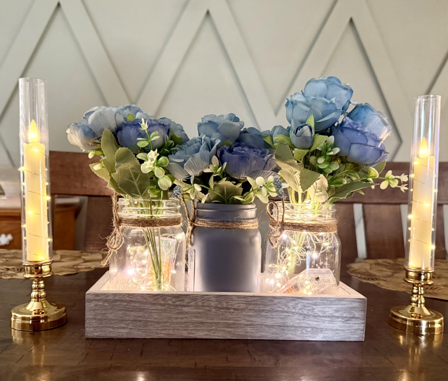 Mkono Mason Jar Lights Centerpieces for Tables Dining Room Farmhouse Decor | Wood Tray Peonies Artificial Flowers Champagne Warm Glow, Coffee Table Decoration Kitchen Living Room Wedding Indoor Outdoor customer photo 2