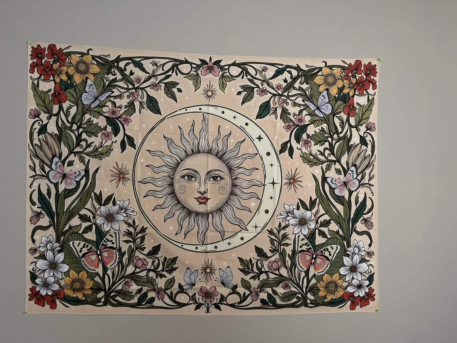 Accnicc Yellow Sun and Moon Tapestry Vintage Indie Boho Tapestry Wall Hanging with Sunflowers Butterfly Moth Constellation customer photo 2