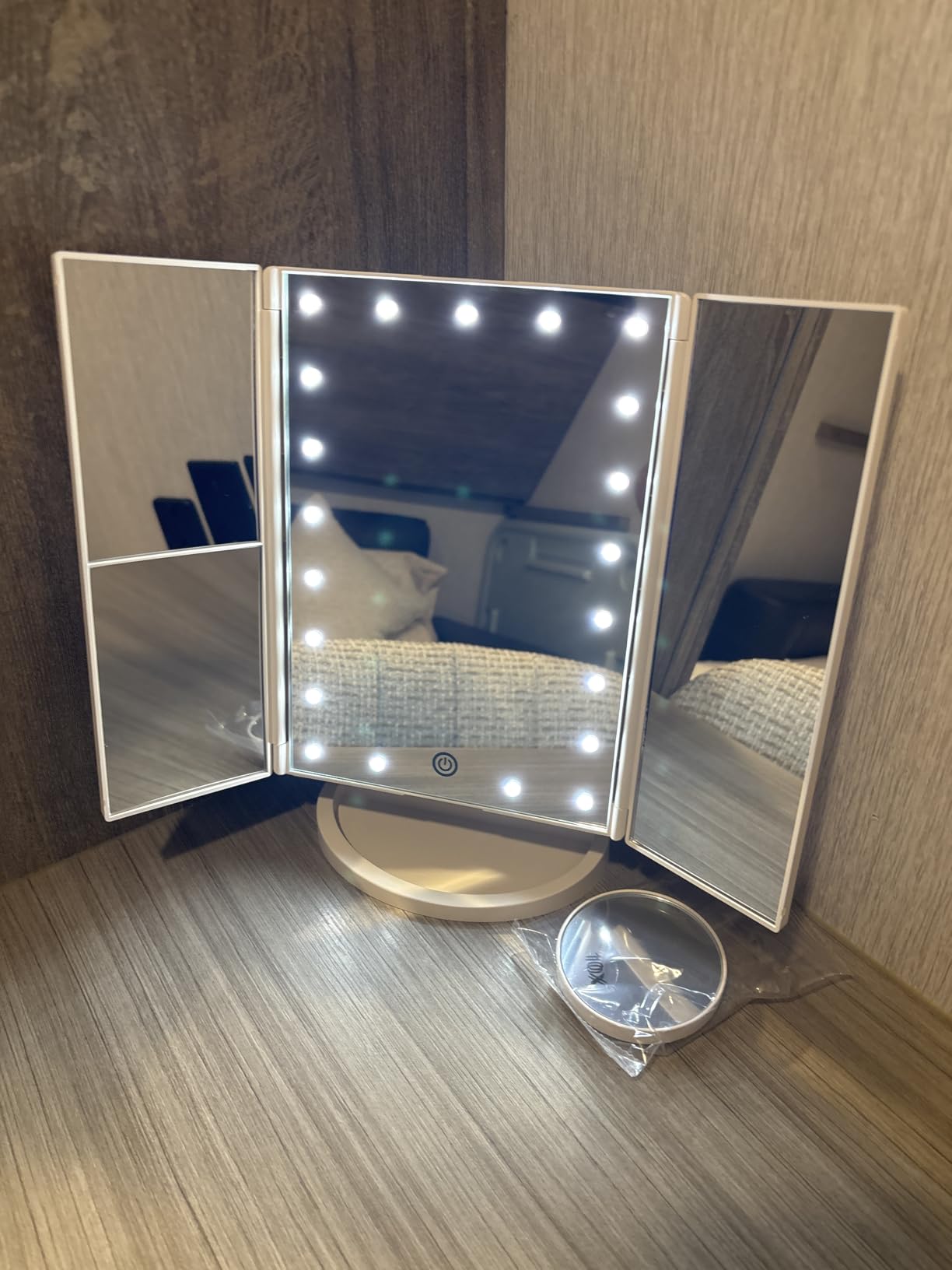 HUONUL 2X/3X/10X Magnifying Vanity Mirror with Light, Trifold Makeup Mirror | Touch Dimming, Dual Power, Clear View for Makeup, Skincare. Dorm Room Essentials. Birthday Gifts for Women, Mom, Wife, Girls customer photo 1